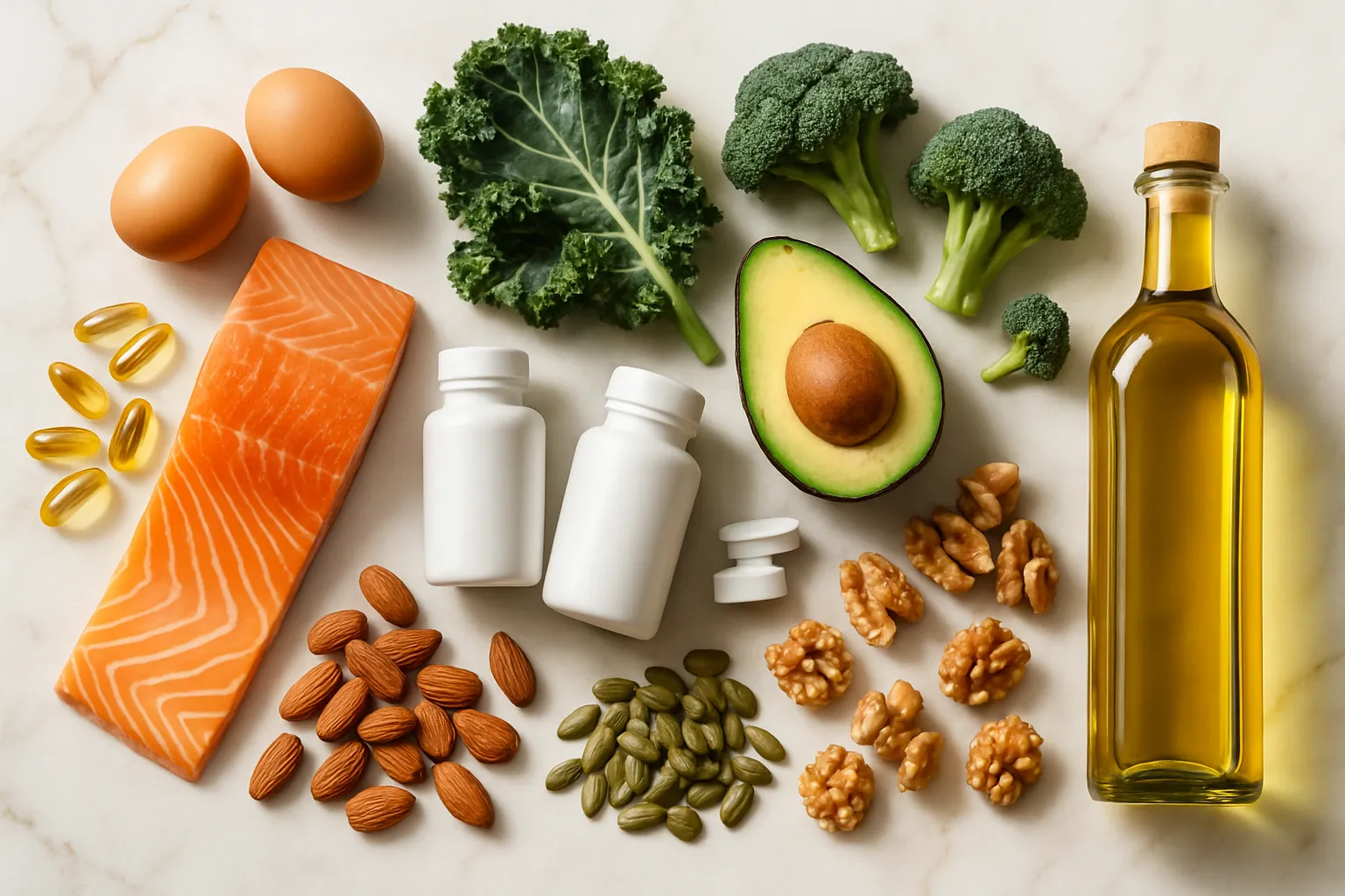 Arranjo editorial premium de ferramentas para otimização da colecistoquinina incluindo ovos, salmão fresco, brócolis, abacate, cápsulas de ômega-3, nozes e suplementos sem rótulos sobre mármore branco com veios dourados
