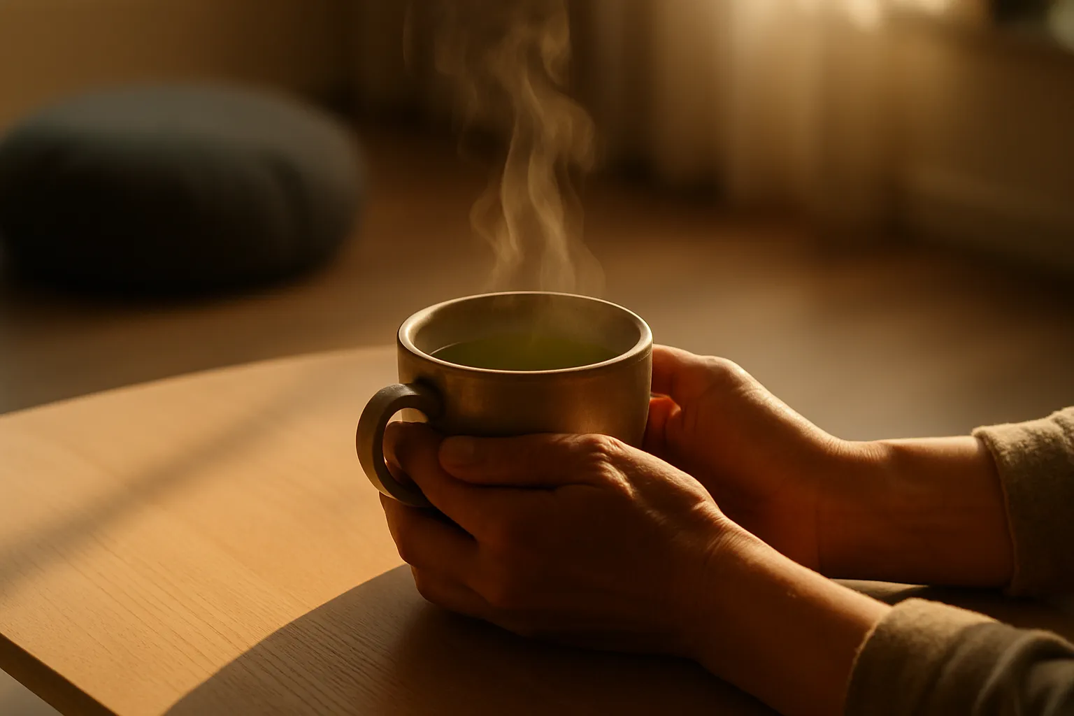 Xícara de chá verde fumegante sendo segurada em momento de relaxamento, representando os efeitos calmantes da L-teanina