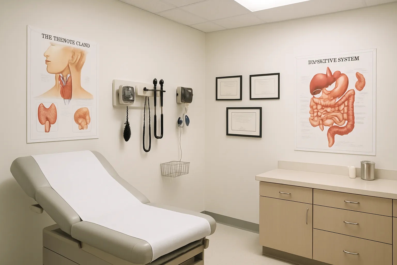Consultório de Endocrinologia Preparado para Atendimento Consultório de endocrinologia vazio e preparado com maca de exame, equipamentos para avaliação de tireoide e sistema digestivo, diplomas emoldurados nas paredes
