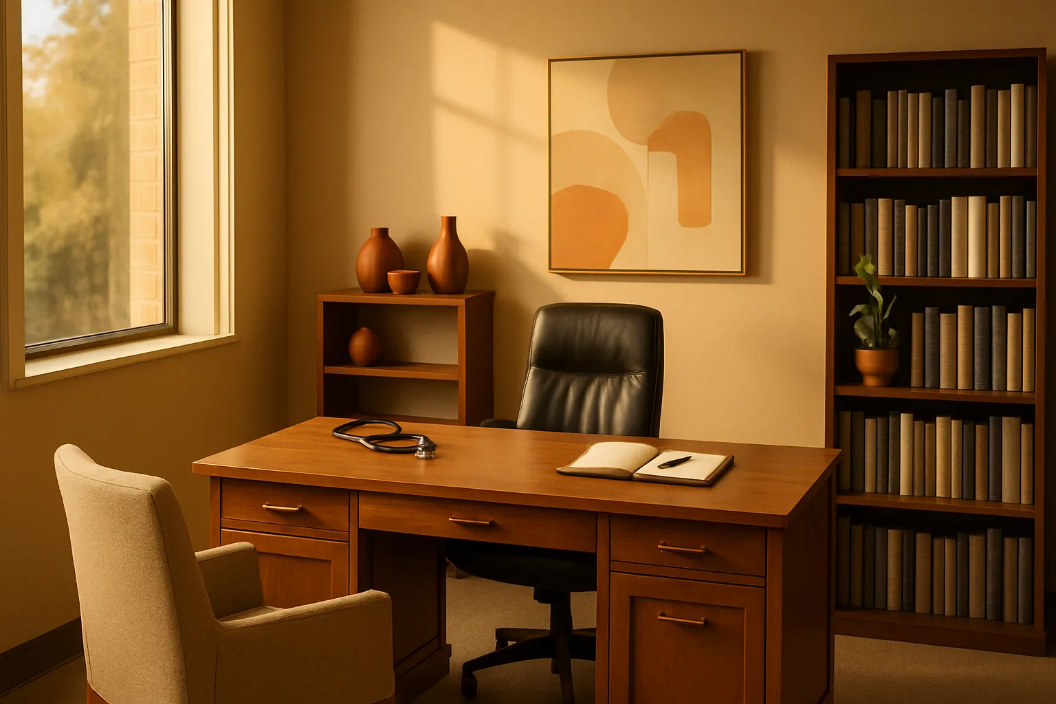 Consultório privado de medicina funcional com mesa executiva em madeira, estante de livros médicos, cadeira confortável para paciente, paredes bege com detalhes terracota, iluminada por luz natural dourada de janela ampla