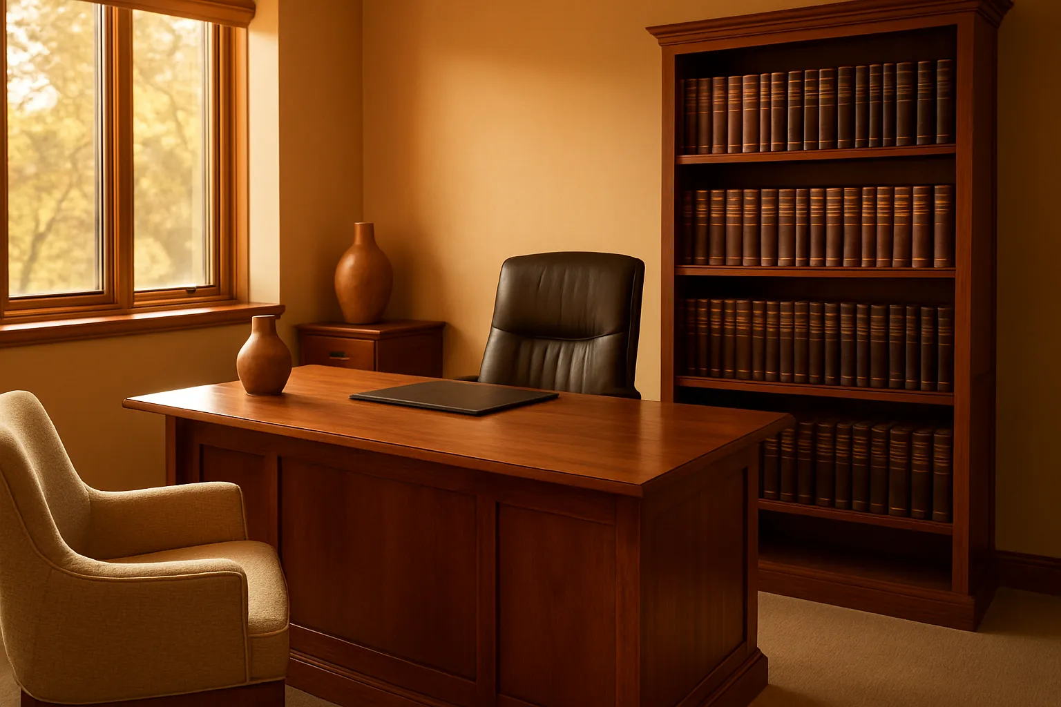 Consultório de Medicina Funcional para Saúde Hormonal Escritório privado de médico de medicina funcional: mesa executiva de madeira, estante de referências médicas, cadeira confortável, acentos terracota, luz dourada natural