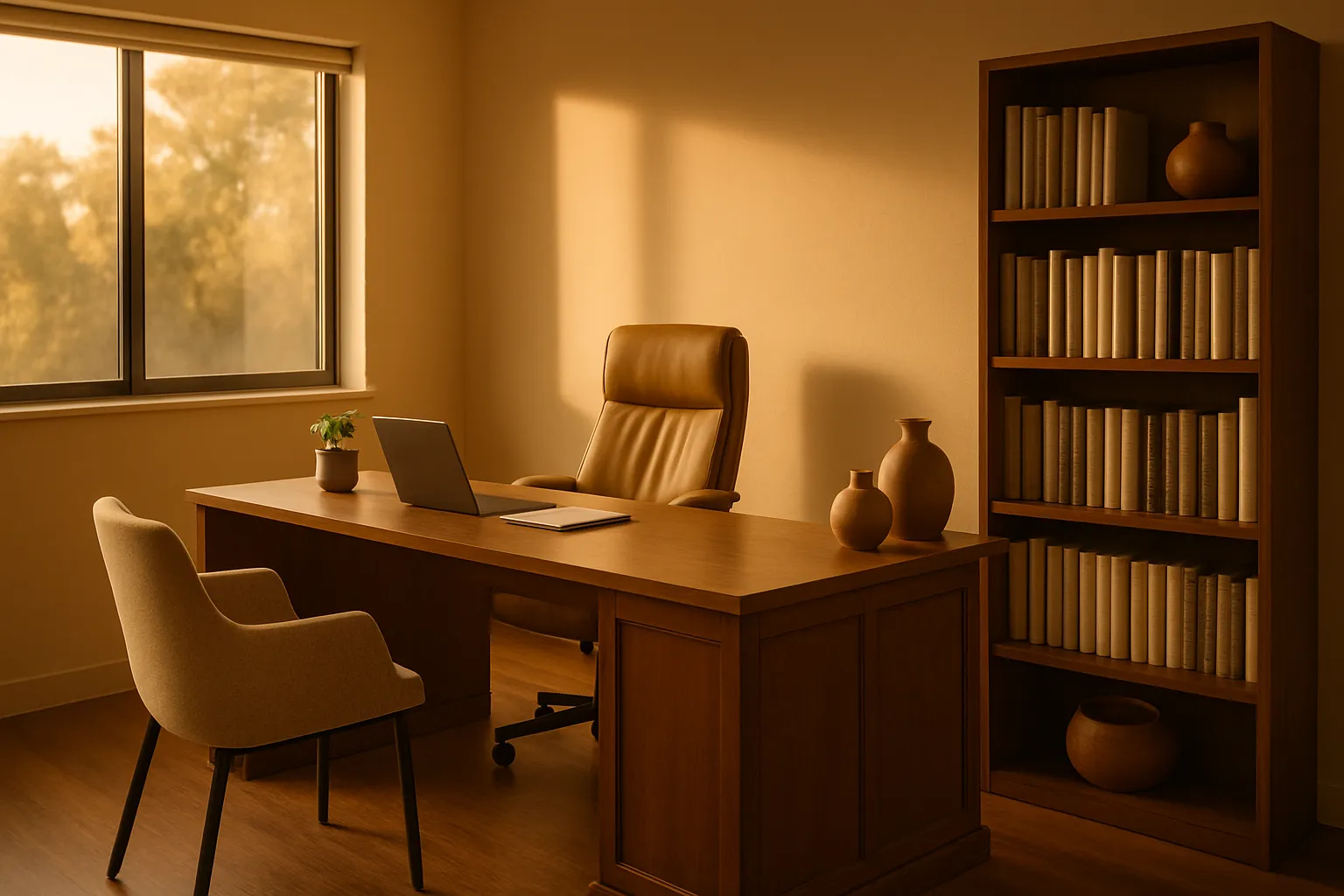 Consultório privado de medicina funcional vazio com mesa executiva, estante médica, cadeira confortável e acentos terracota, iluminado por luz natural dourada da janela em perspectiva de canto