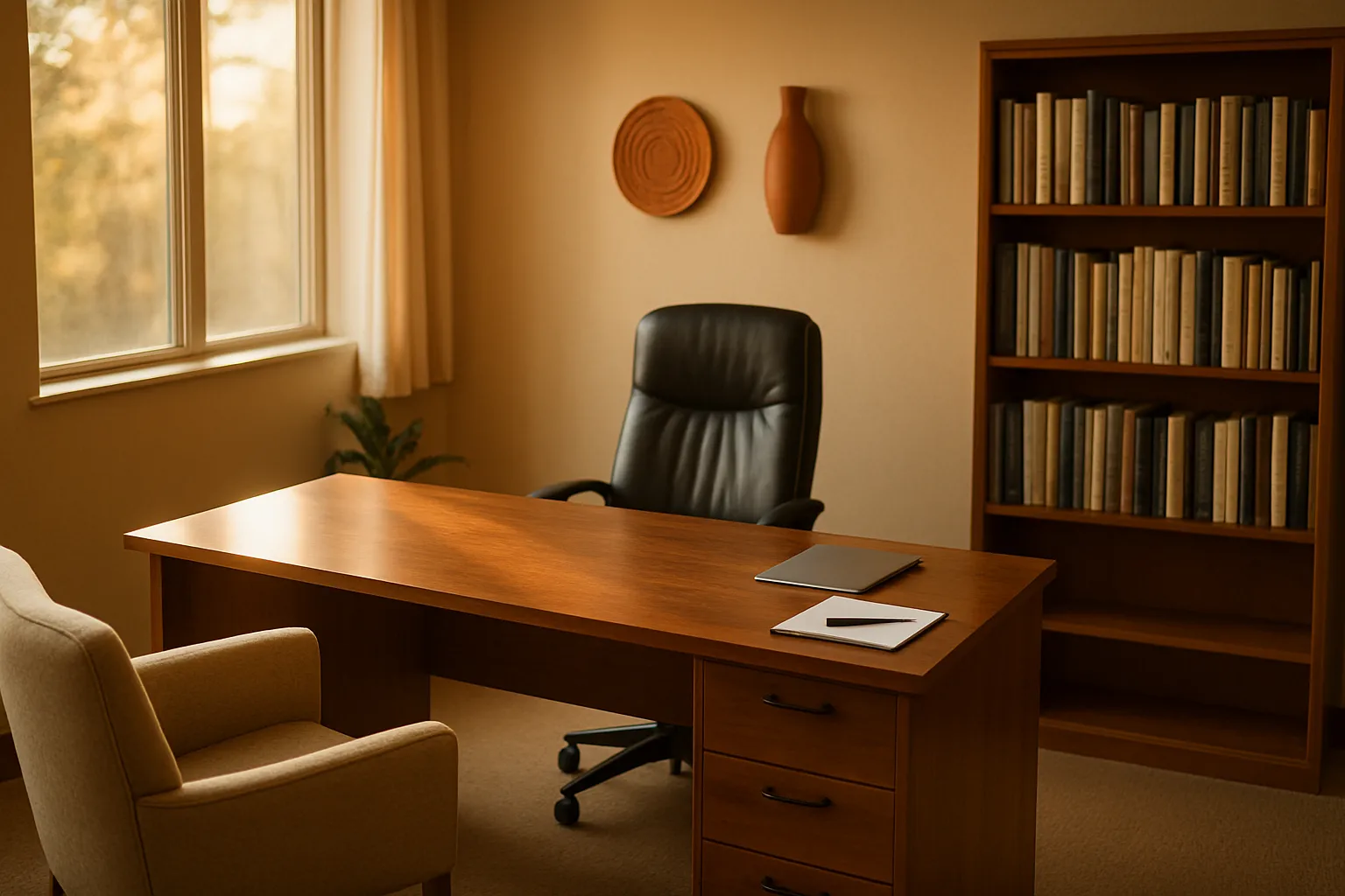 Consultório privado de medicina funcional vazio com mesa executiva de madeira, estante de referências médicas, cadeira confortável para paciente, paredes bege com detalhes terracota e luz natural suave de golden hour criando ambiente acolhedor para avaliação metabólica personalizada