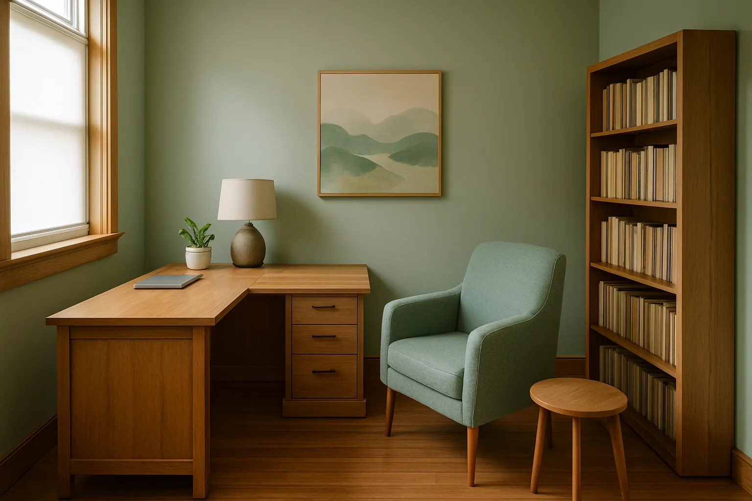 Consultório privado de medicina funcional vazio com mesa executiva em madeira natural, poltrona confortável em tecido verde sálvia, paredes em tons de verde sálvia com detalhes em madeira, luz natural difusa entrando pela janela lateral criando atmosfera acolhedora e profissional