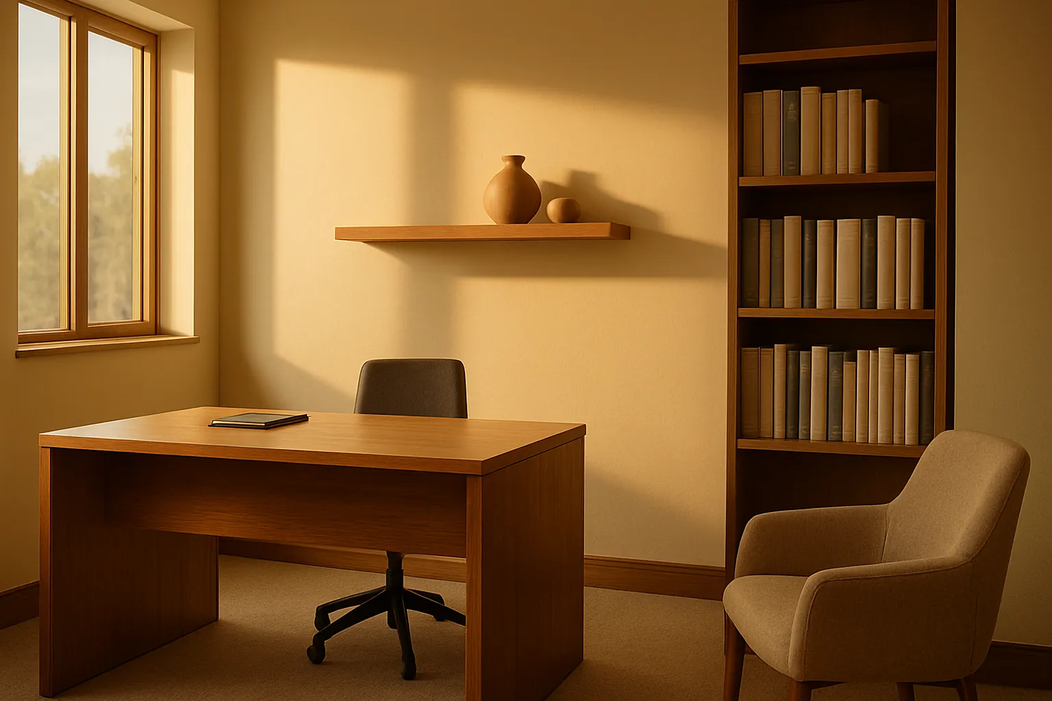 Consultório privado de medicina funcional com decoração em tons bege e terracota, iluminado por luz natural dourada, preparado para consulta sobre controle de peso