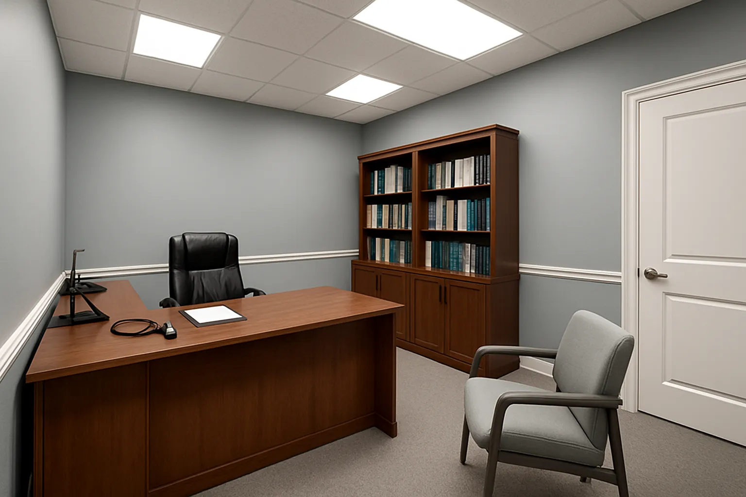 Consultório privado de médico de medicina funcional para consultas sobre hormônios reprodutivos: mesa executiva de madeira, estante de referências médicas, cadeira confortável para paciente, paredes cinza frio com detalhes brancos, iluminação clínica moderna de painéis de teto, perspectiva de canto