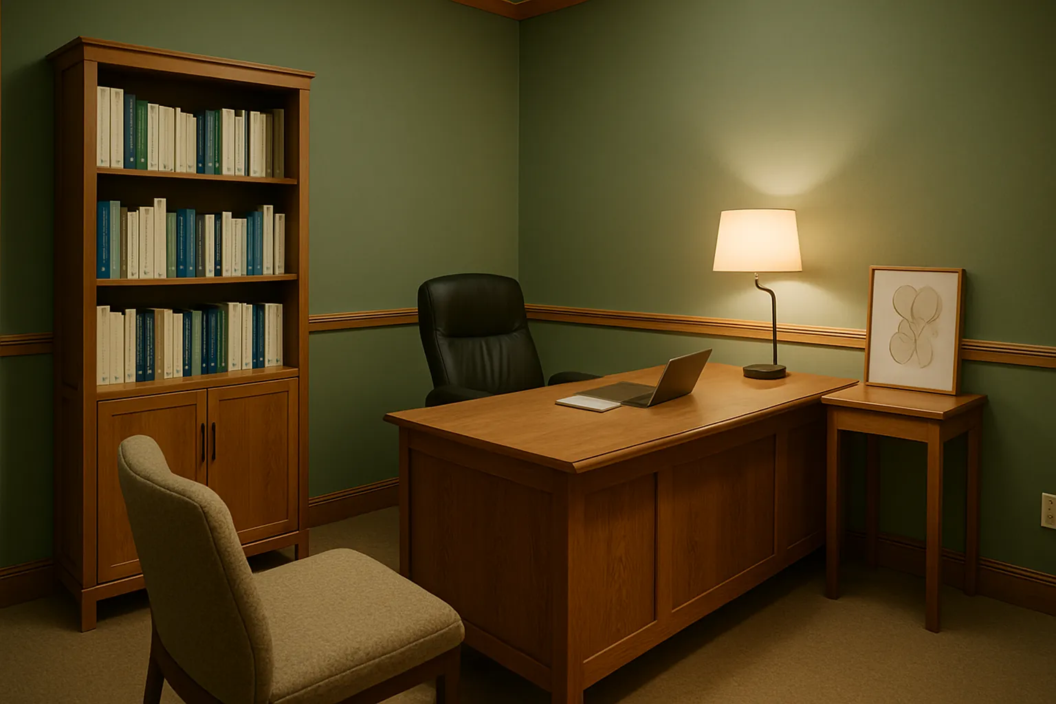 Consultório Medicina Funcional Endocrinologia Consultório privado de medicina funcional com mesa executiva, estante de livros médicos, cadeira de paciente, paredes verde sálvia e detalhes em madeira natural com iluminação suave