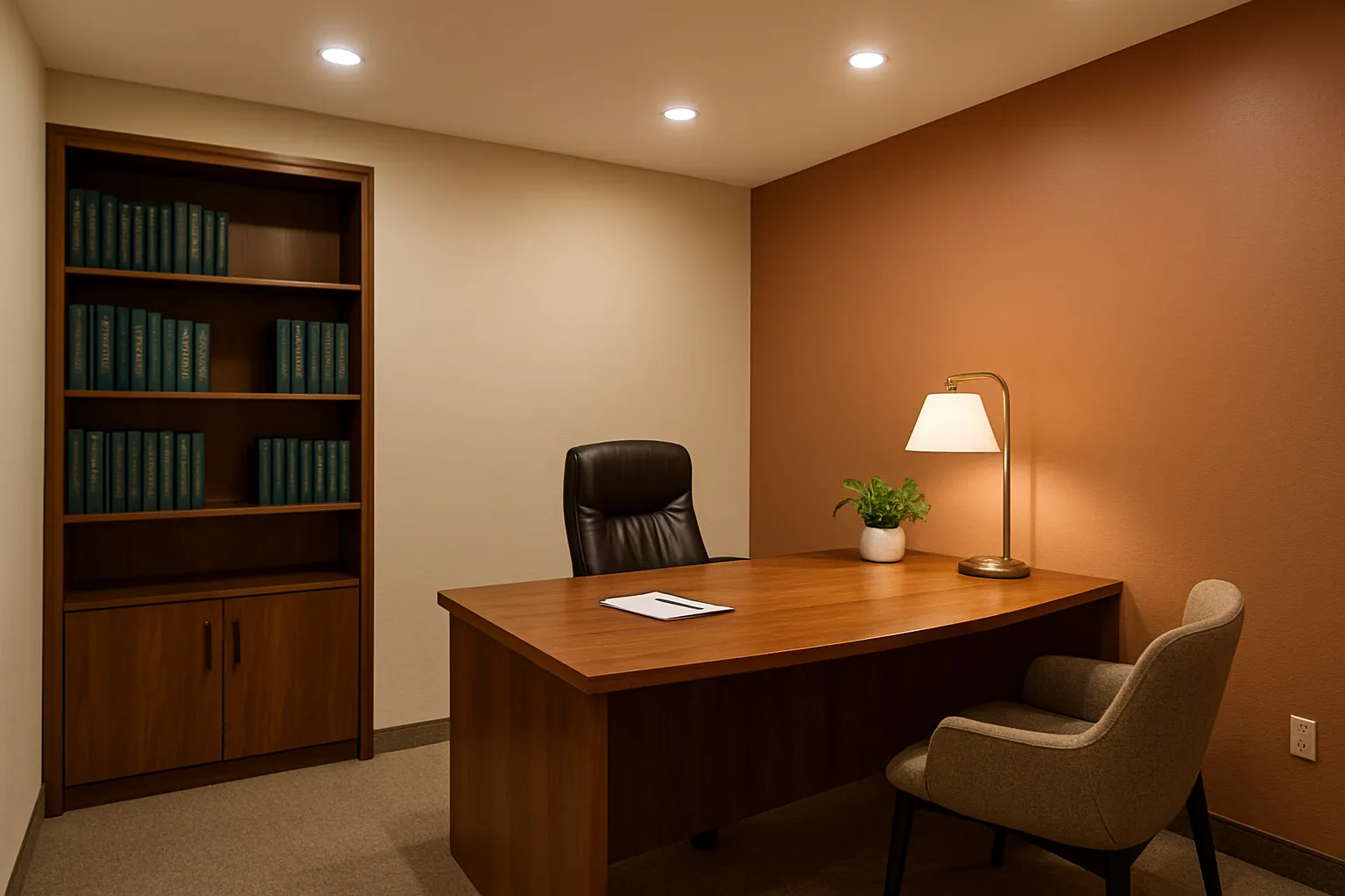 Consultório privado de medicina funcional com mesa executiva, estante de referências de endocrinologia, cadeira confortável para paciente, paredes bege com parede de destaque terracota, iluminação ambiente suave