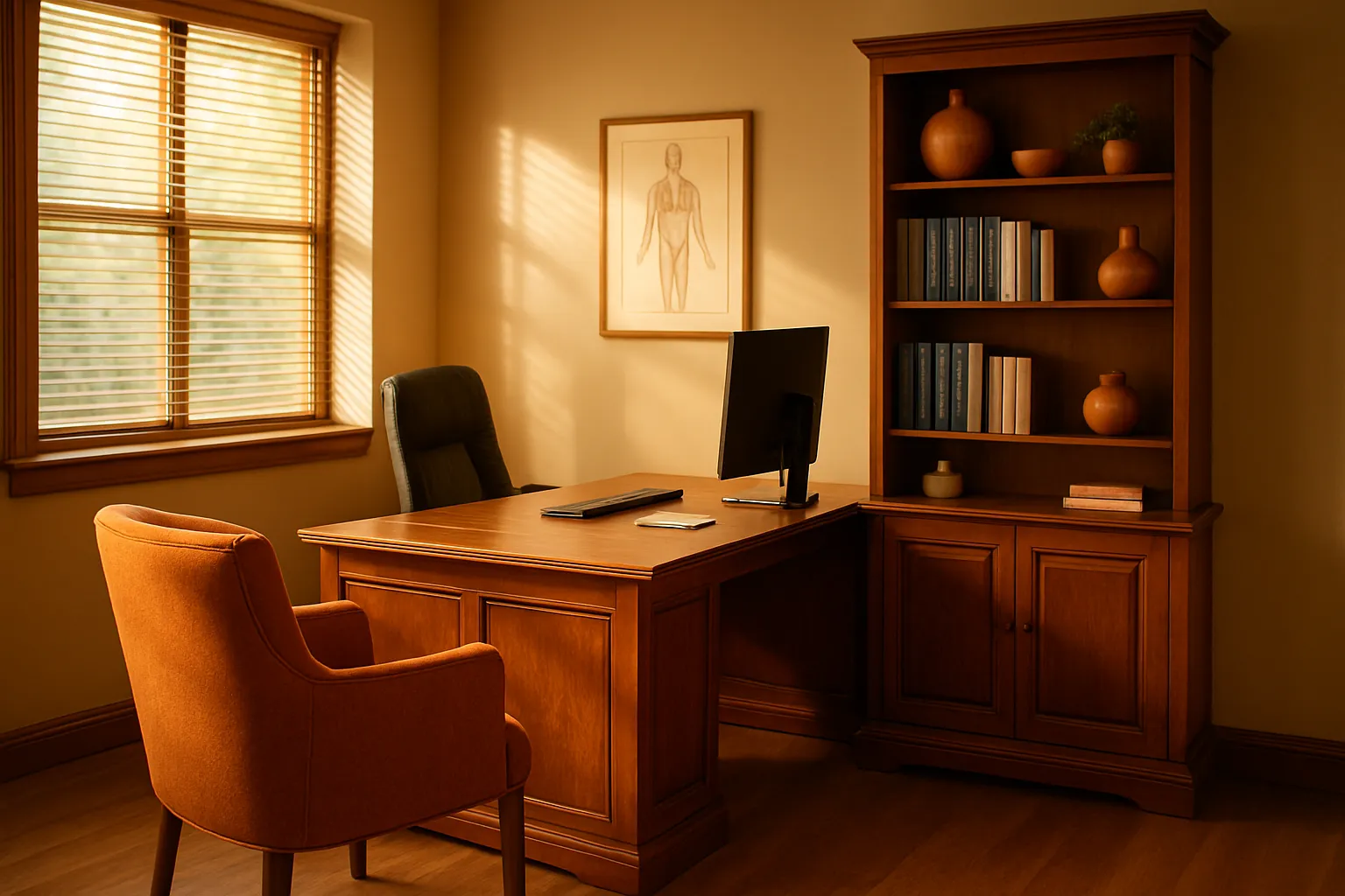 Consultório de Medicina Funcional Especializado em Saúde Hormonal Consultório privado de medicina funcional com mesa executiva de madeira, poltrona terracota, estante médica e iluminação natural dourada em perspectiva de canto, ambiente acolhedor para consultas sobre fadiga e vitalidade