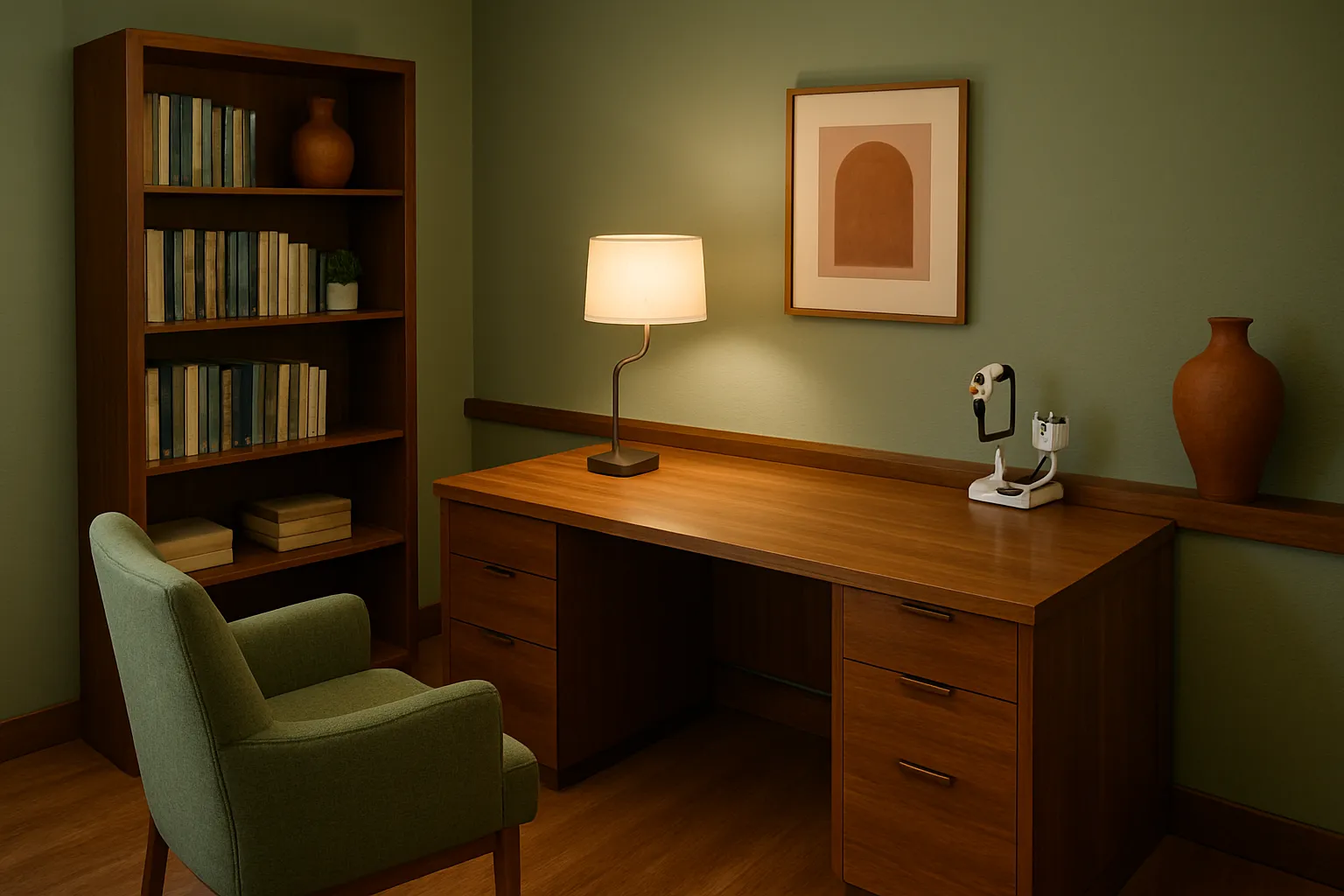 Consultório de Medicina Funcional para Avaliação Hormonal Consultório privado de medicina funcional com mesa executiva de madeira, estante de referências médicas, cadeira confortável em tons de verde sálvia, acentos em terracota e iluminação ambiente suave de luminária de mesa