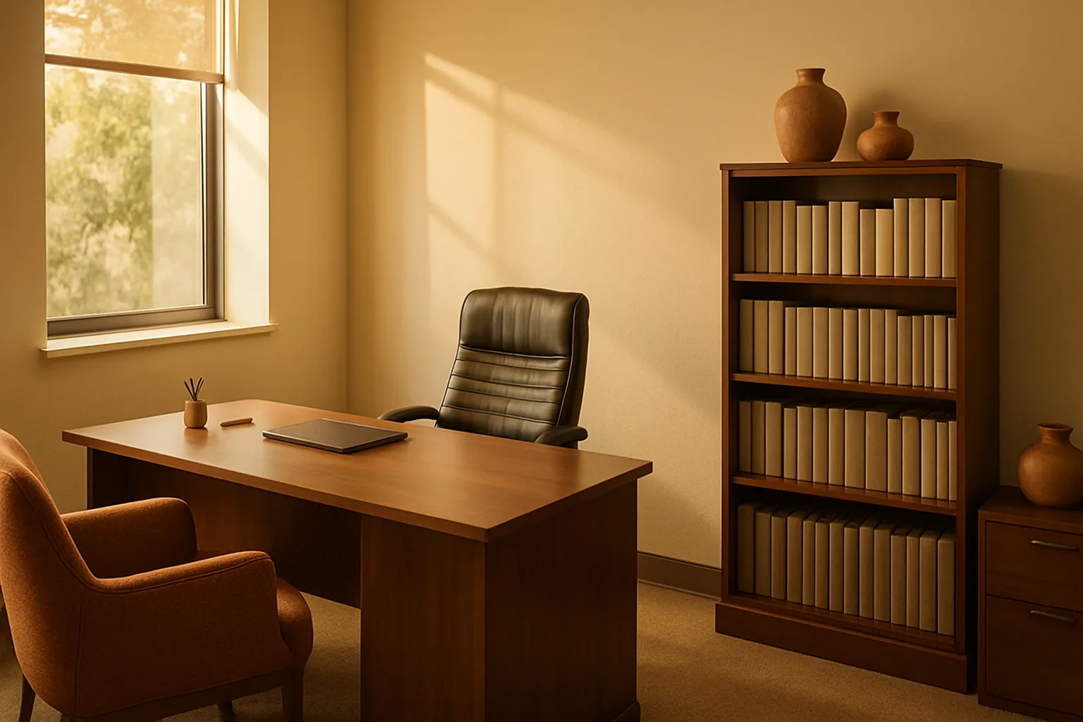 Consultório privado de medicina funcional com mesa executiva de madeira, estante de referências médicas, cadeira confortável com estofado terracota, paredes creme com acentos terracota, luz dourada natural da janela lateral