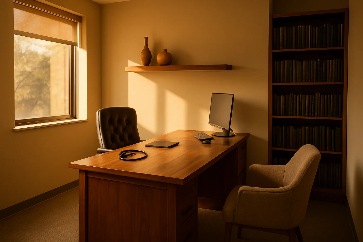 Consultório moderno de medicina funcional com mesa executiva, estante de referências médicas, cadeira confortável para paciente e acentos em terracota, banhado por luz natural dourada da janela lateral