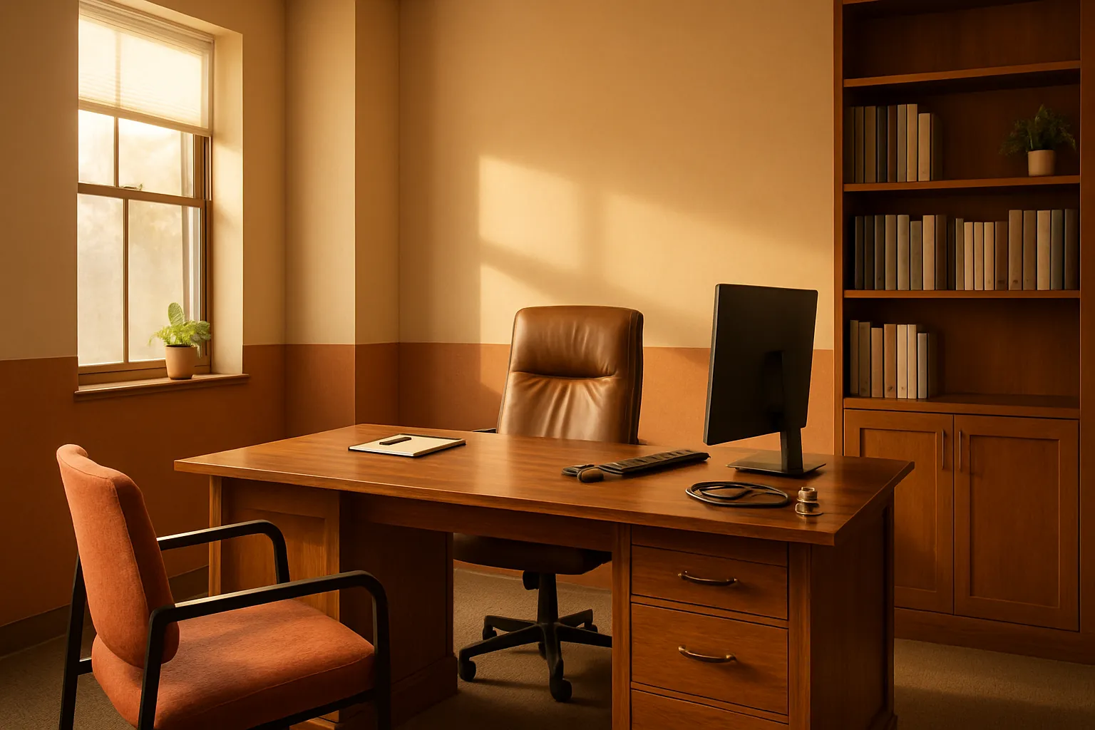 Consultório privado de medicina funcional com mesa executiva, estante de referências médicas, cadeira confortável e acentos terracota, banhado por luz natural golden hour através de janela lateral