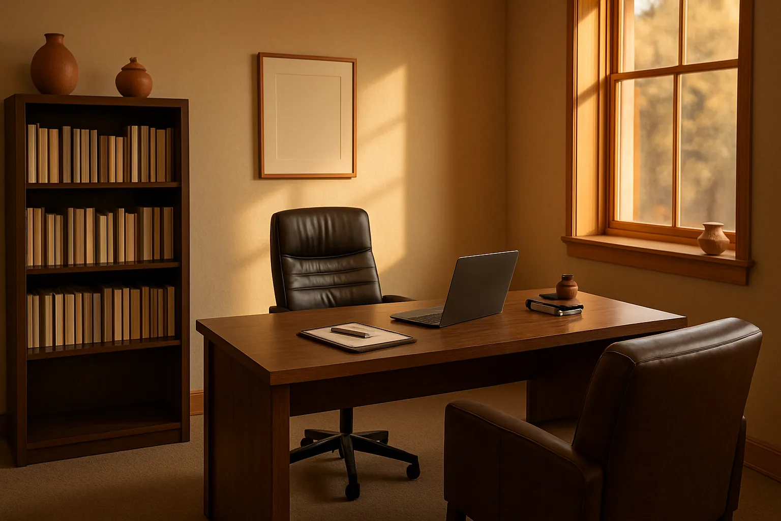 Consultório privado de medicina funcional com mesa executiva, estante médica, poltrona de couro e acentos terracota, iluminado por luz natural dourada