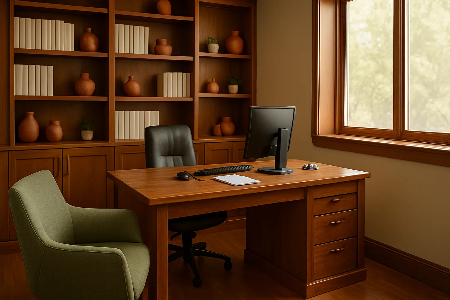 Consultório privado de medicina funcional vazio com mesa executiva de madeira, estante de referências médicas, cadeira confortável em verde sálvia, acentos terracota, tons de madeira quente e luz natural difusa da janela, perspectiva de canto