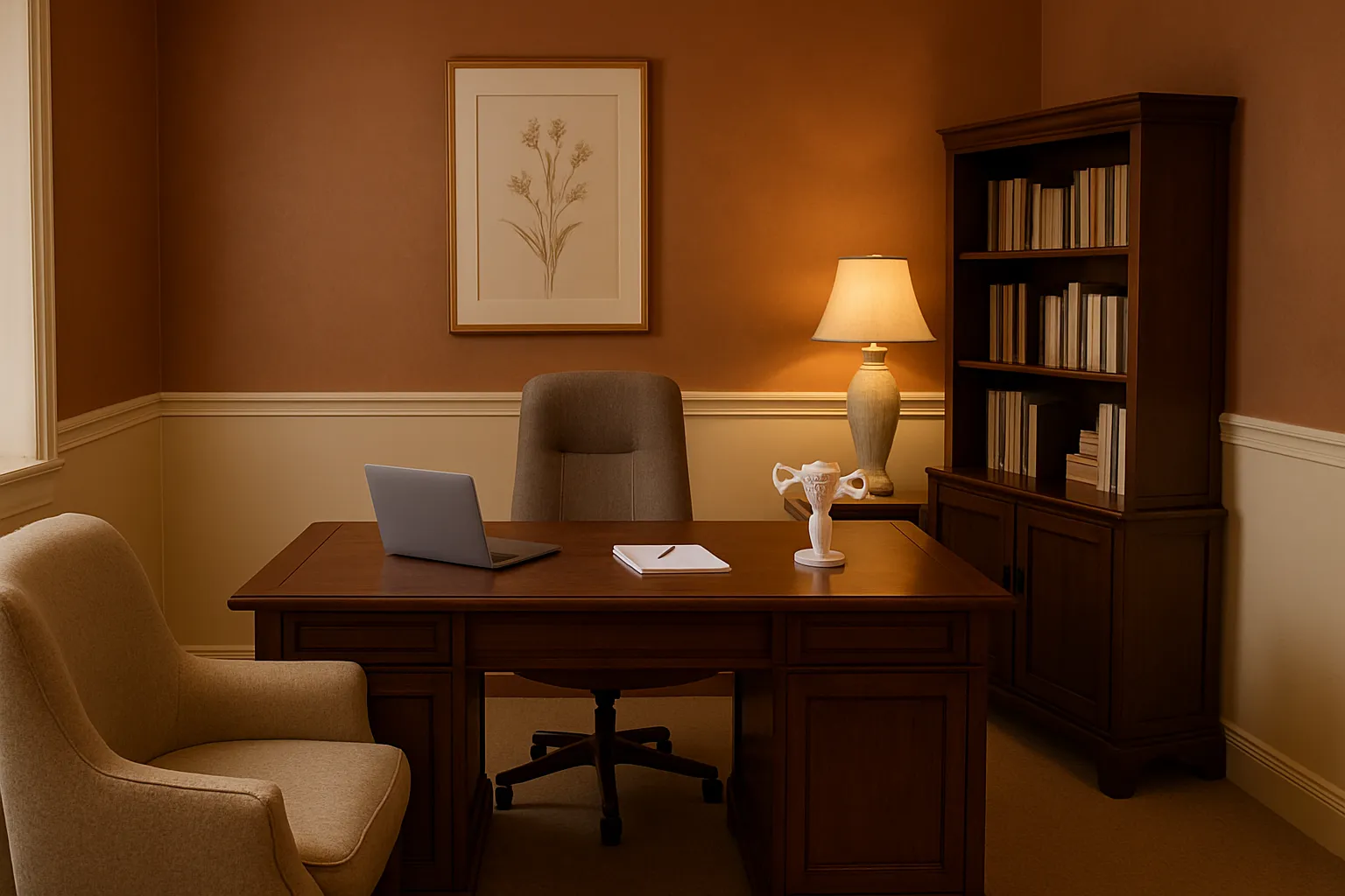 Consultório privado de medicina funcional com decoração em tons terracota e creme, mesa executiva, estante de livros médicos e cadeira confortável para paciente, iluminação suave de abajur criando ambiente acolhedor para consultas de saúde hormonal
