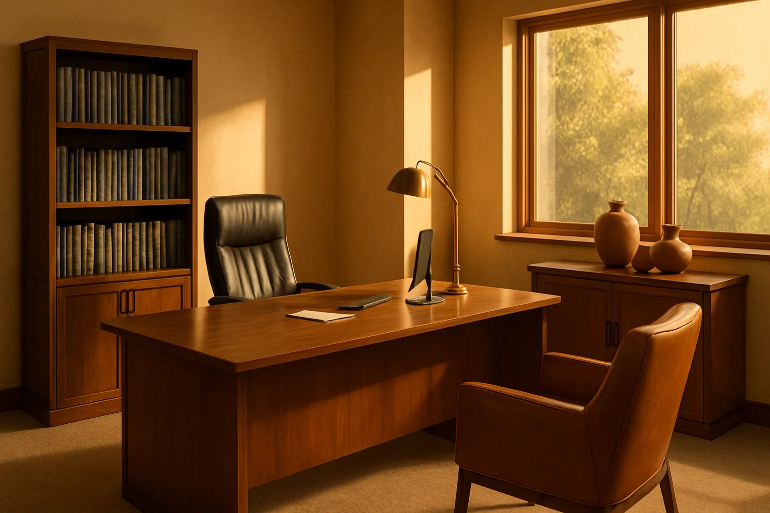Consultório privado de medicina funcional vazio com mesa executiva em madeira, estante médica, poltrona confortável e acentos em terracota, iluminado por luz natural dourada de janela lateral