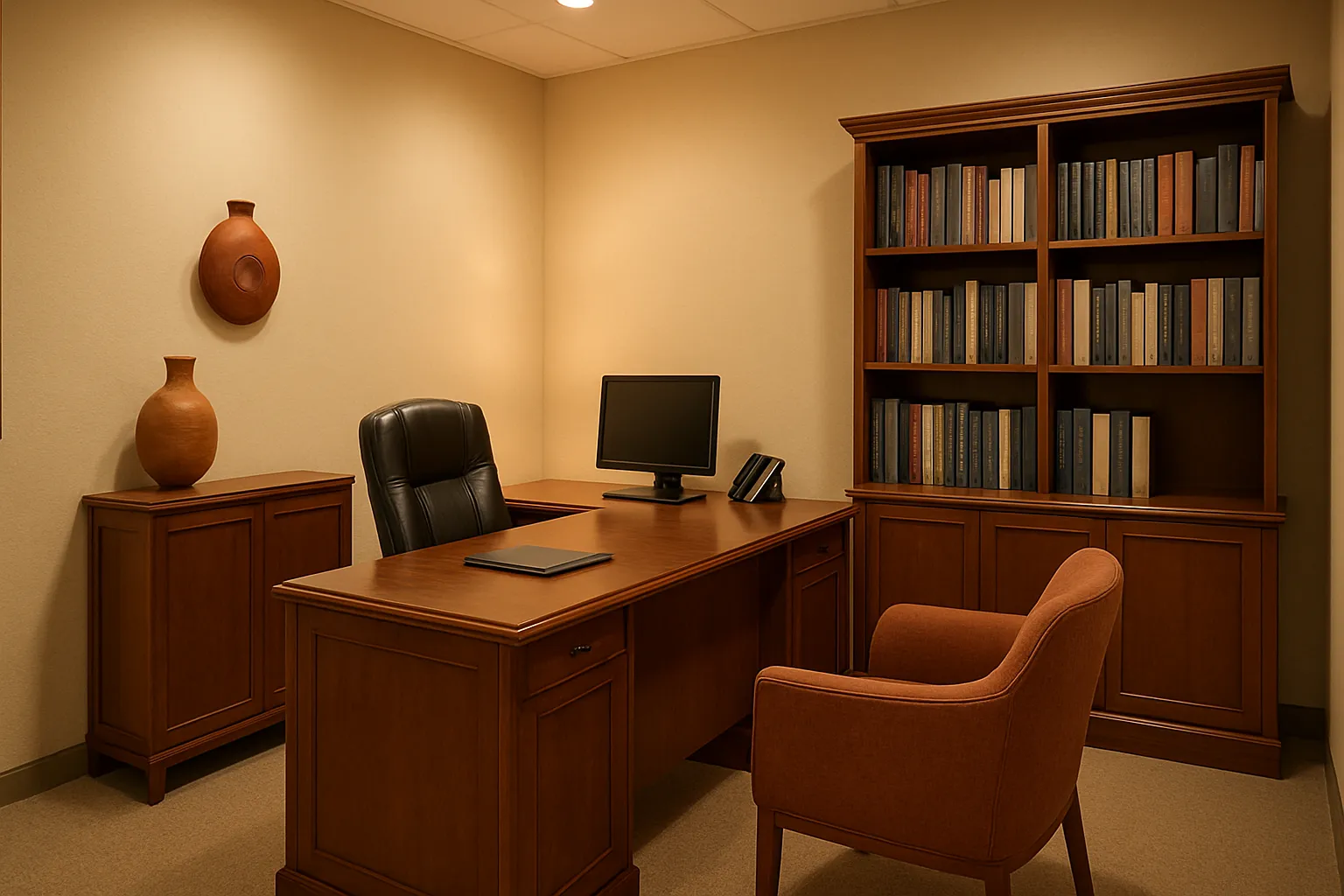 Consultório de Medicina Funcional para Saúde Óssea Consultório privado de medicina funcional com mesa executiva, estante médica, cadeira de paciente com estofado terracota, paredes bege com acentos terracota, iluminação ambiente quente, perspectiva de canto