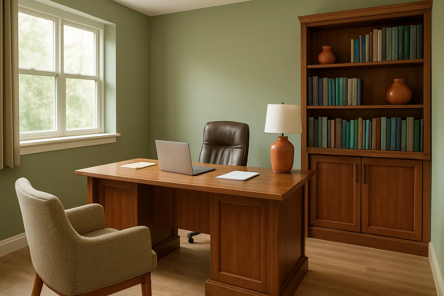 Consultório de Medicina Funcional para Avaliação Tireoidiana Consultório privado de medicina funcional com mesa executiva de madeira, estante de referências médicas, cadeira confortável para paciente, paredes verde sálvia com detalhes em terracota, luz natural difusa entrando pela janela lateral, perspectiva de canto