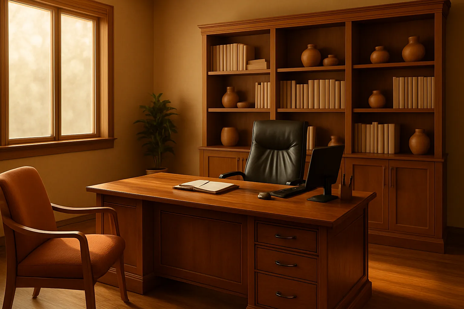 Consultório privado de medicina funcional com mesa executiva em madeira, estante médica, poltrona confortável com acentos terracota, iluminado por luz natural dourada de janela lateral, ambiente acolhedor para consultas de otimização hormonal