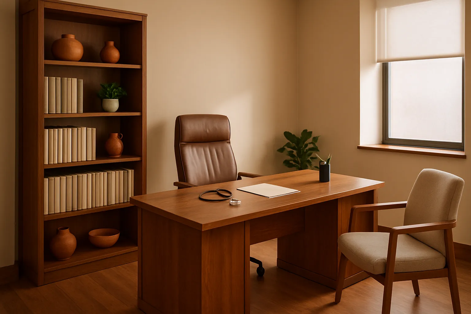 Consultório de Medicina Funcional Metabólica Consultório privado de medicina funcional com mesa executiva de madeira, estante de referências médicas, cadeira confortável para paciente, acentos decorativos em terracota, paleta de cores terrosas com tons de madeira quente, luz natural difusa entrando pela janela lateral, perspectiva de canto mostrando espaço profissional acolhedor