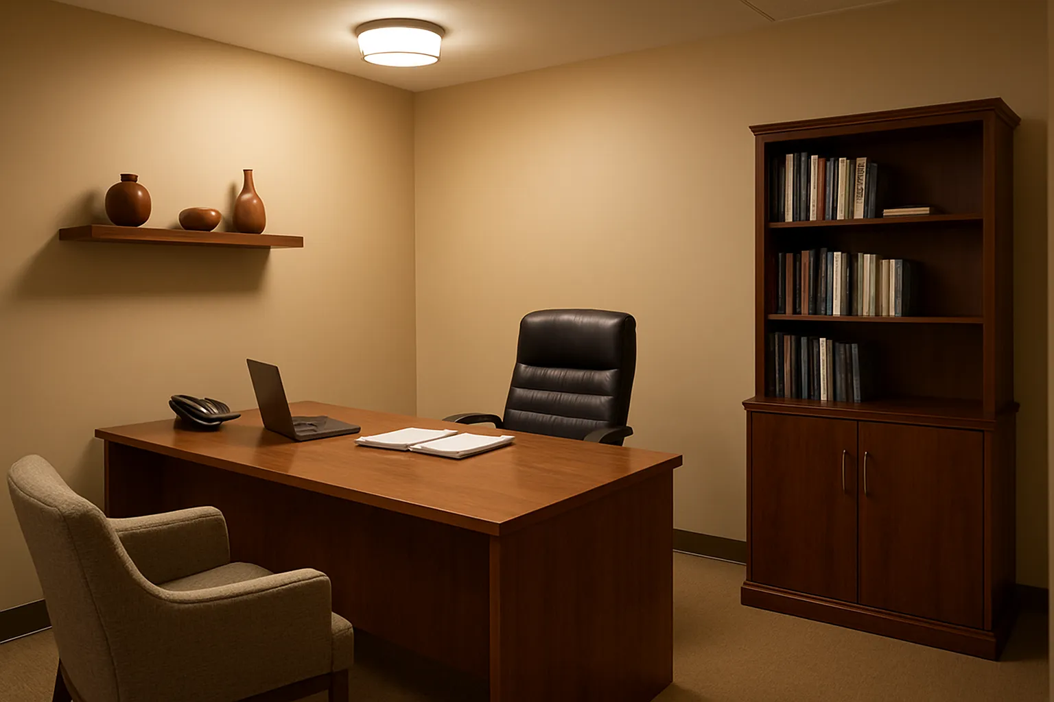 Ambiente de Consultório para Saúde Hormonal Integrativa Consultório privado de medicina funcional preparado para consulta sobre saúde hormonal, com mesa executiva de madeira, estante de referências médicas, cadeira confortável para paciente, paredes bege quente com peças decorativas em terracota, iluminação ambiente suave criando atmosfera profissional acolhedora