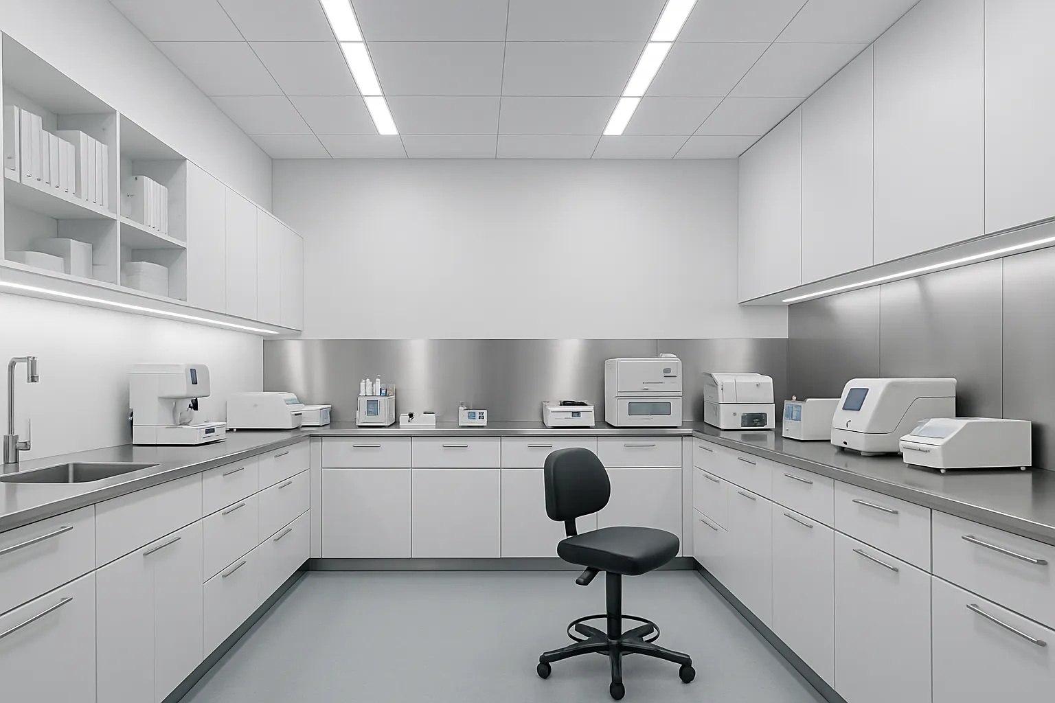 Laboratório médico contemporâneo vazio com linhas limpas e modernas, bancadas de aço inoxidável, paredes branco brilhante com detalhes em aço, iluminação clínica overhead uniforme, perspectiva ampla frontal mostrando espaço profissional pronto para análises hormonais