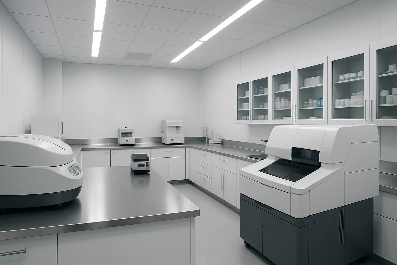 Laboratório Contemporâneo de Análise Metabólica Laboratório médico contemporâneo vazio com linhas limpas e modernas, superfícies de aço inoxidável, equipamentos de análise, paredes brancas com detalhes em cinza e iluminação clínica bright uniforme, capturado de perspectiva ligeiramente elevada