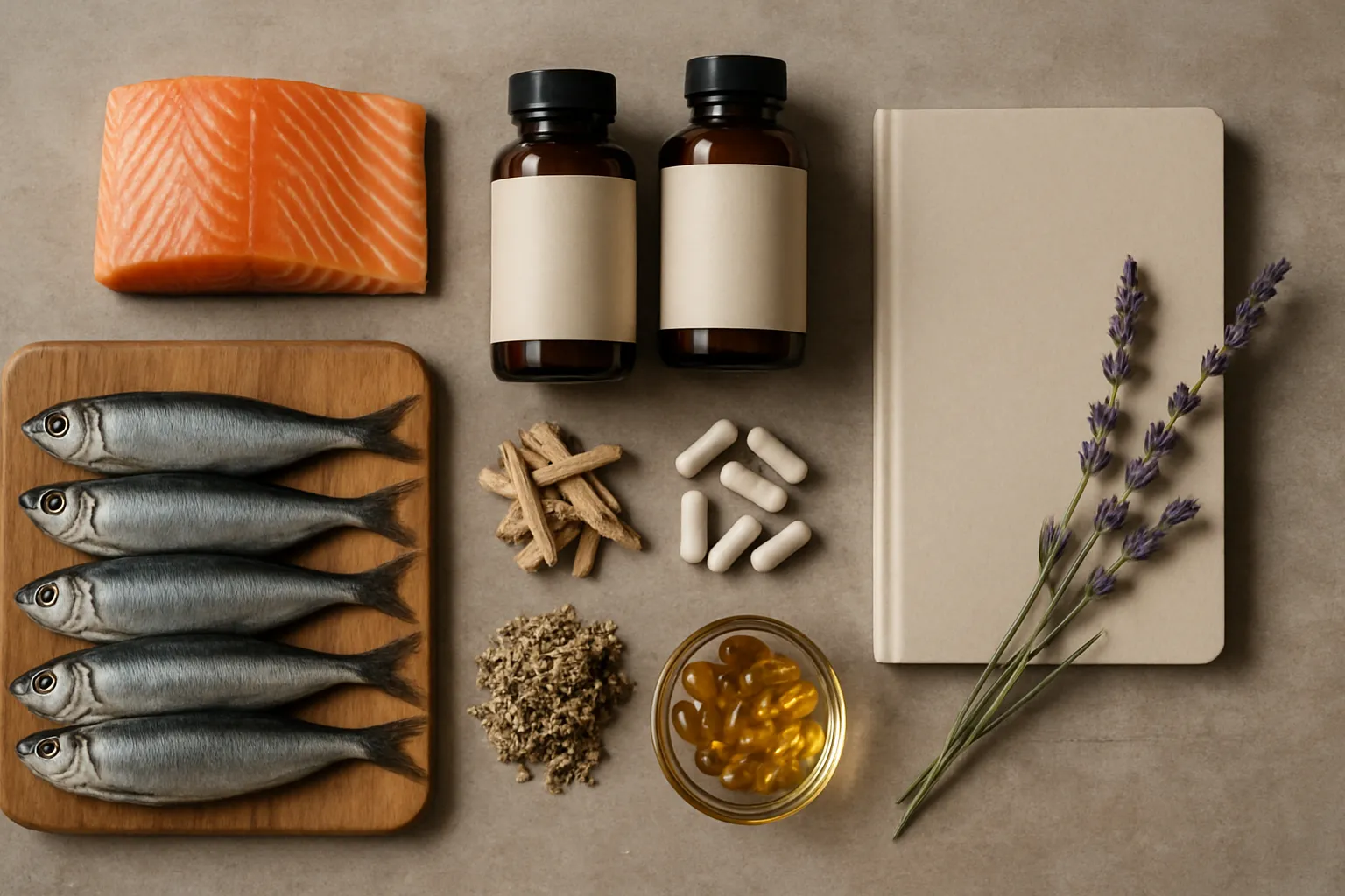 Composição flat lay de alimentos ricos em ômega-3 (salmão e sardinha), suplementos adaptógenos sem rótulos e ervas naturais para controle do cortisol em tábua de madeira
