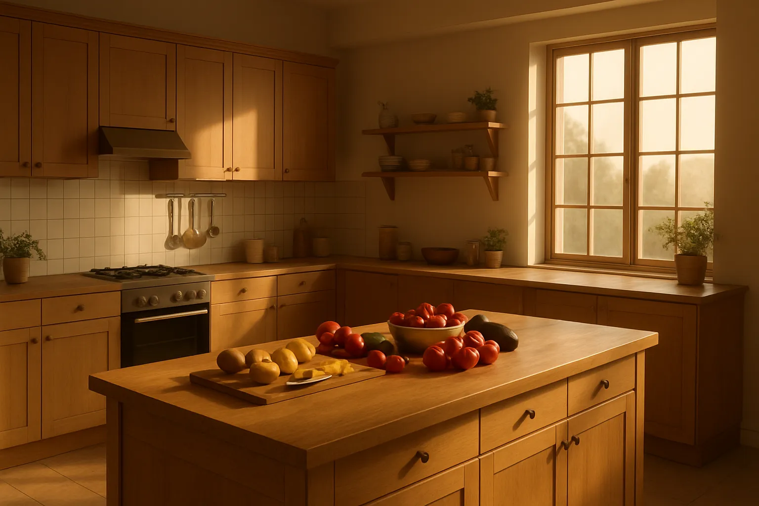 Cozinha Organizada Para Dieta Anti-Inflamatória Cozinha bem organizada com ingredientes anti-inflamatórios e espaço para preparo de refeições sem solanáceas