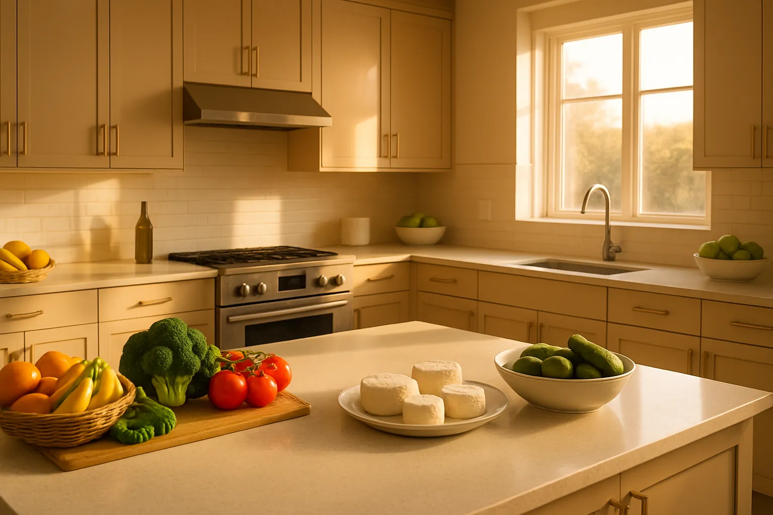 Cozinha Organizada para Dieta Livre de Aminas Cozinha moderna e organizada com alimentos frescos, frutas e vegetais não fermentados dispostos de forma a mostrar alternativas saudáveis para quem tem sensibilidade a aminas biogênicas