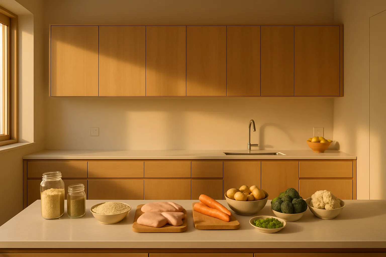 Cozinha organizada com ingredientes seguros para protocolo de eliminação de salicilatos