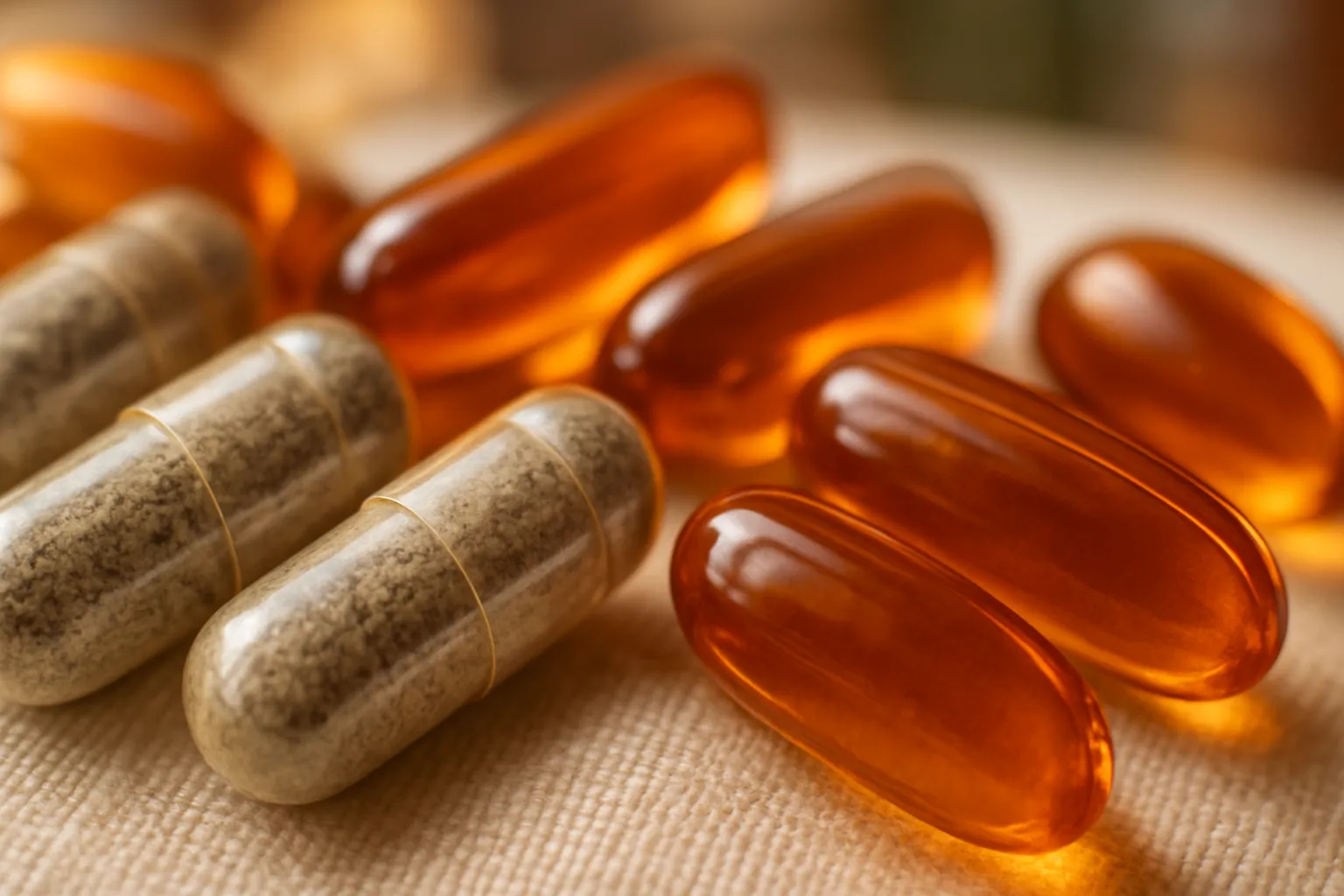 Detalhe macro de cápsulas de cromo picolinato e extrato de canela do Ceilão mostrando qualidade farmacêutica e composição dos suplementos reguladores de insulina