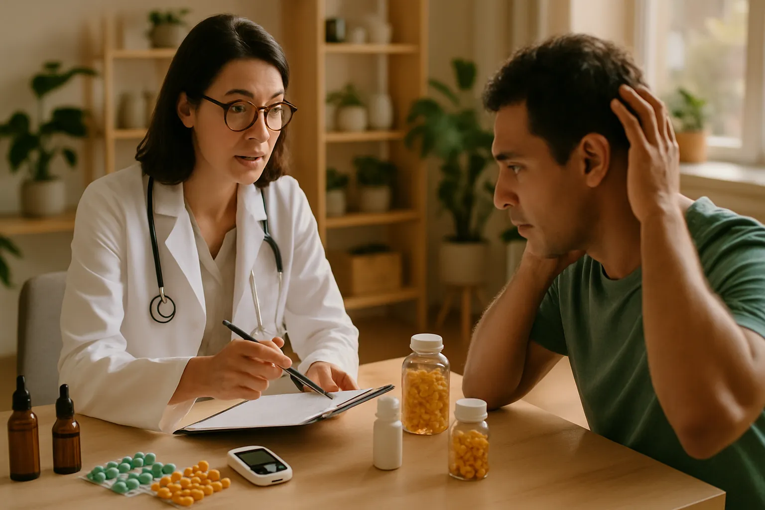 Demonstração de Protocolo Anti-Inflamatório Capilar Médico especialista demonstrando protocolo anti-inflamatório para regeneração capilar, incluindo suplementos para controle de inflamação e resistência à insulina que afetam a saúde dos folículos