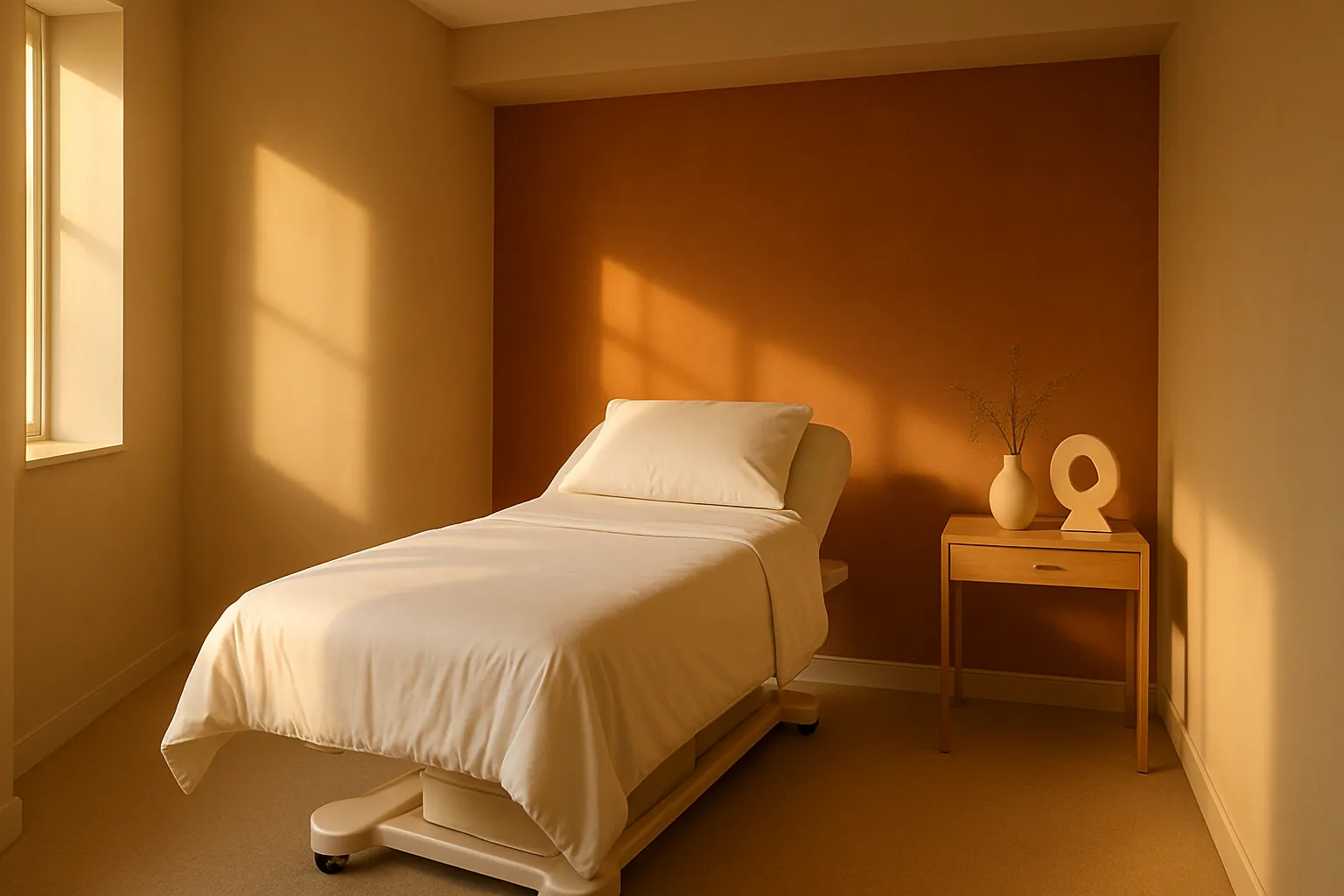 Sala de tratamento estilo spa com maca médica, paredes bege com detalhes terracota, iluminação golden hour suave criando atmosfera acolhedora para terapias de otimização metabólica