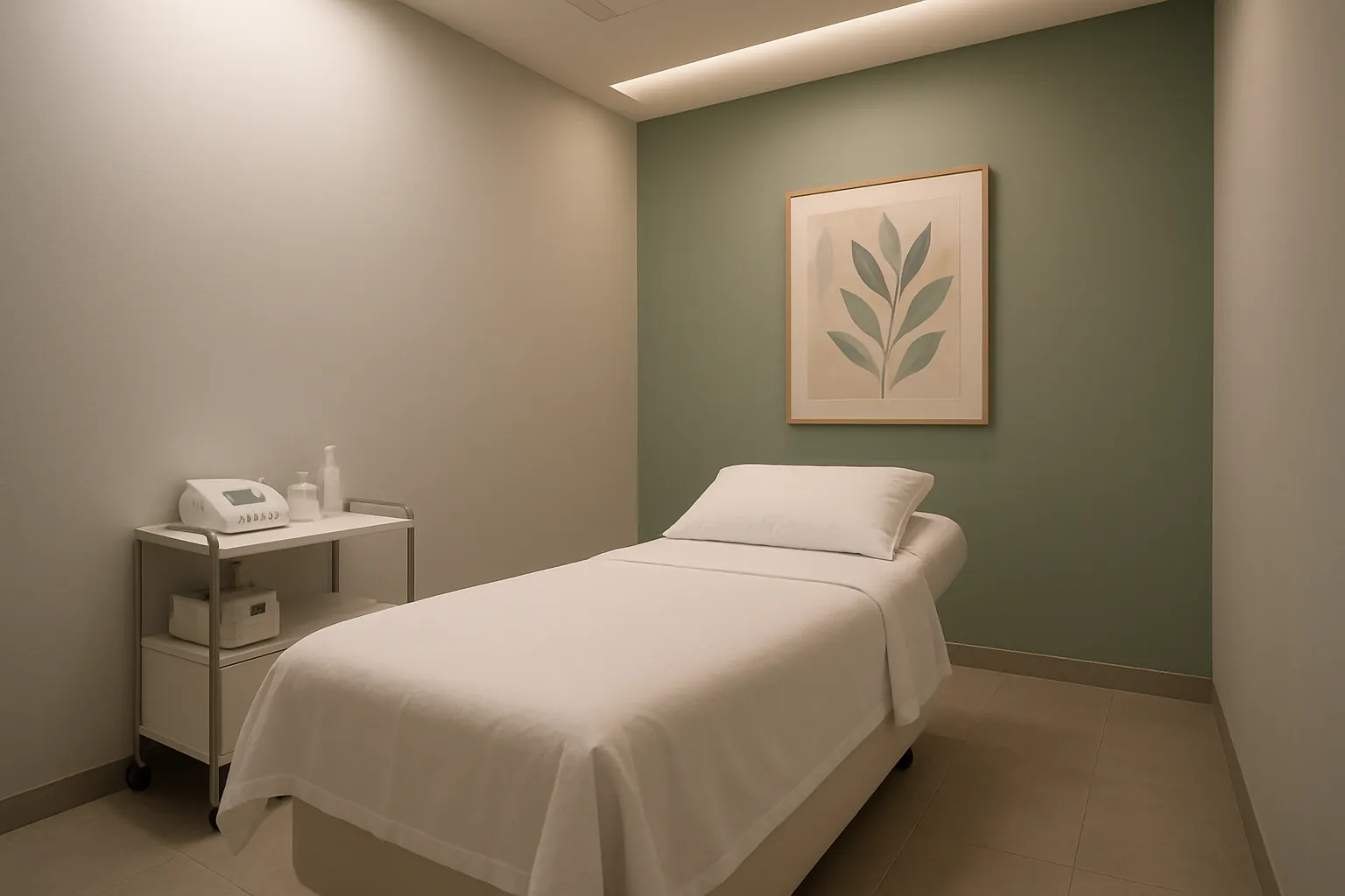 Sala de tratamento estilo spa para saúde hormonal com maca médica individual, paredes cinza frio com acentos verde sálvia, iluminação ambiente suave de luminárias embutidas no teto, criando atmosfera calma e profissional