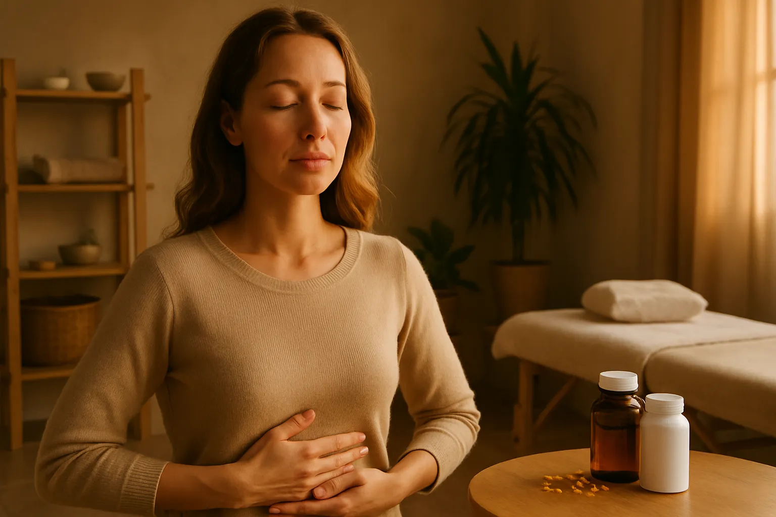 Mulher demonstrando estabilidade emocional e calma proporcionadas pela progesterona equilibrada através de técnica de respiração