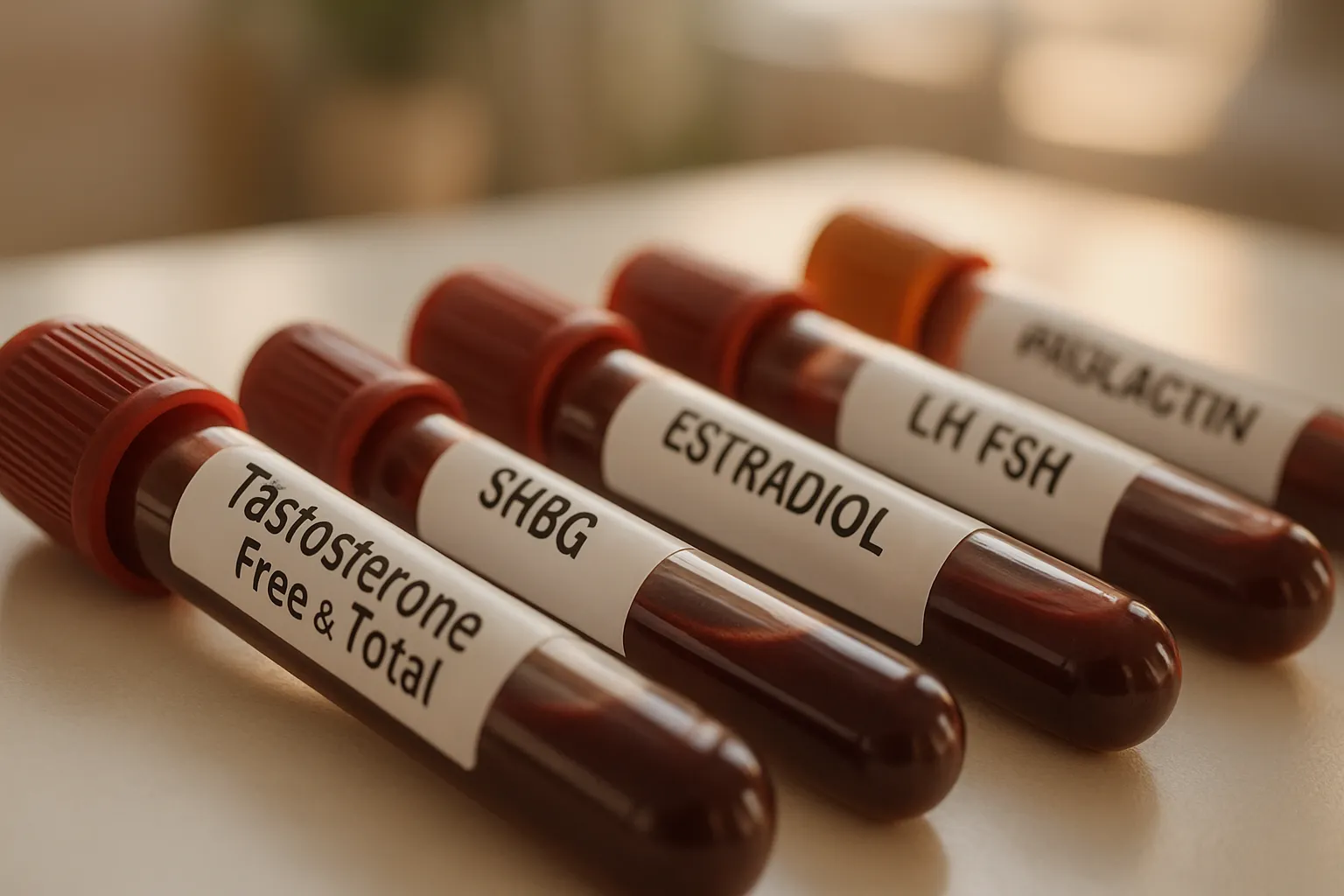 Detalhe macro de tubos de coleta de sangue para painel hormonal completo incluindo testosterona total e livre, SHBG, estradiol e outros marcadores