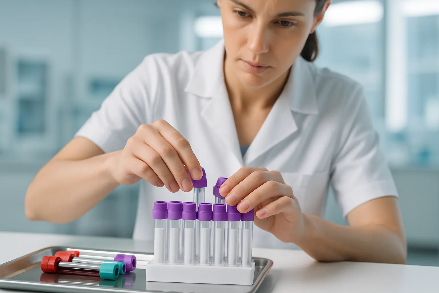 Preparação de Exames Laboratoriais de Tireoide Profissional de saúde preparando tubos de coleta para painel completo de exames de tireoide incluindo TSH, T3 livre, T4 livre e anticorpos antitireoidianos