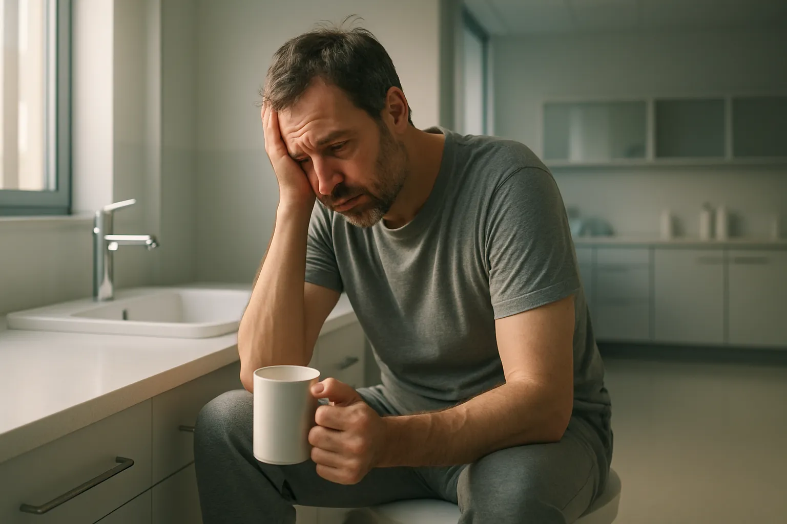 Homem demonstrando sinais visíveis de fadiga crônica e baixa energia, sintoma característico de SHBG elevado que reduz testosterona livre disponível