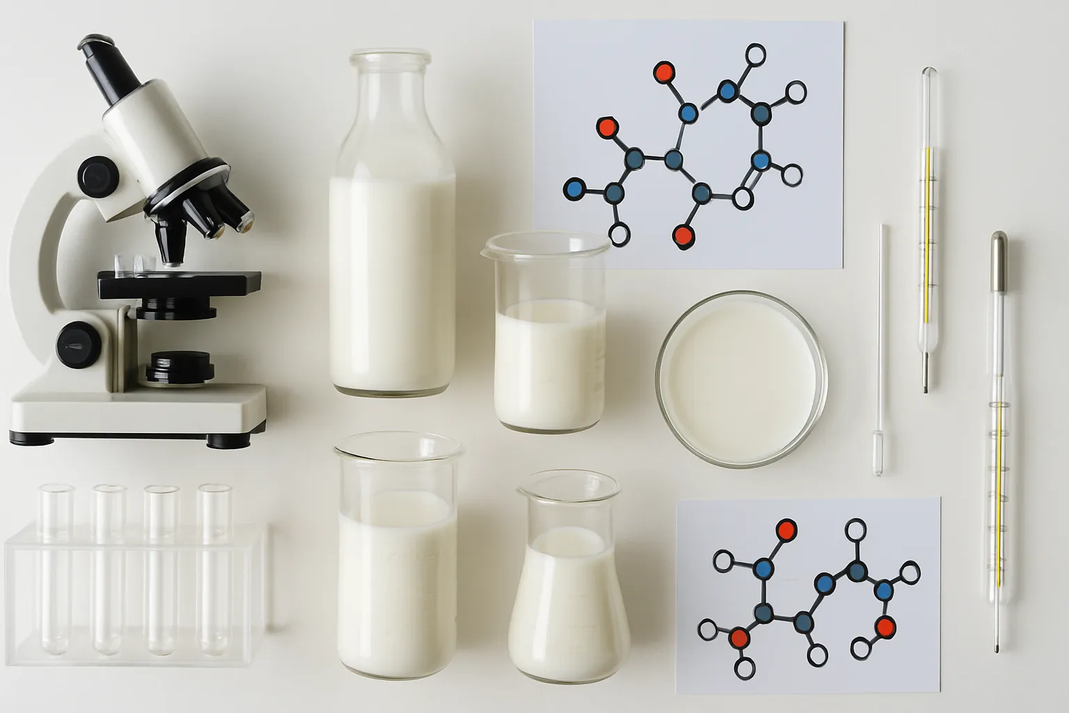 Equipamentos de laboratório e amostras de leite organizados para análise das proteínas caseína A1 e A2