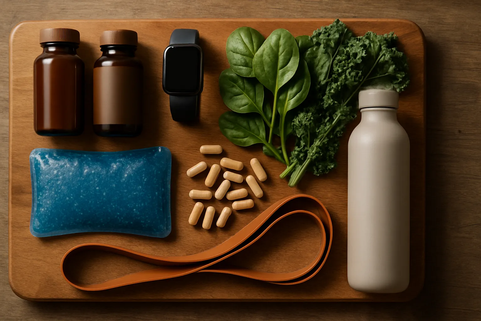 Arranjo orgânico de ferramentas para otimização termogênica: suplementos sem rótulo, rastreador fitness, terapia frio, vegetais folhosos escuros e acessórios de exercício sobre tábua de madeira natural