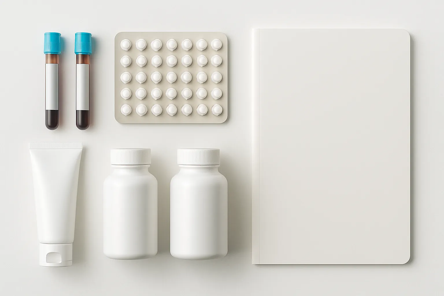 Arranjo flat lay clínico de ferramentas para avaliação hormonal: tubos de exame de testosterona e estradiol, pílula anticoncepcional, gel de testosterona transdérmico, vitaminas do complexo B e zinco sobre superfície médica branca estéril