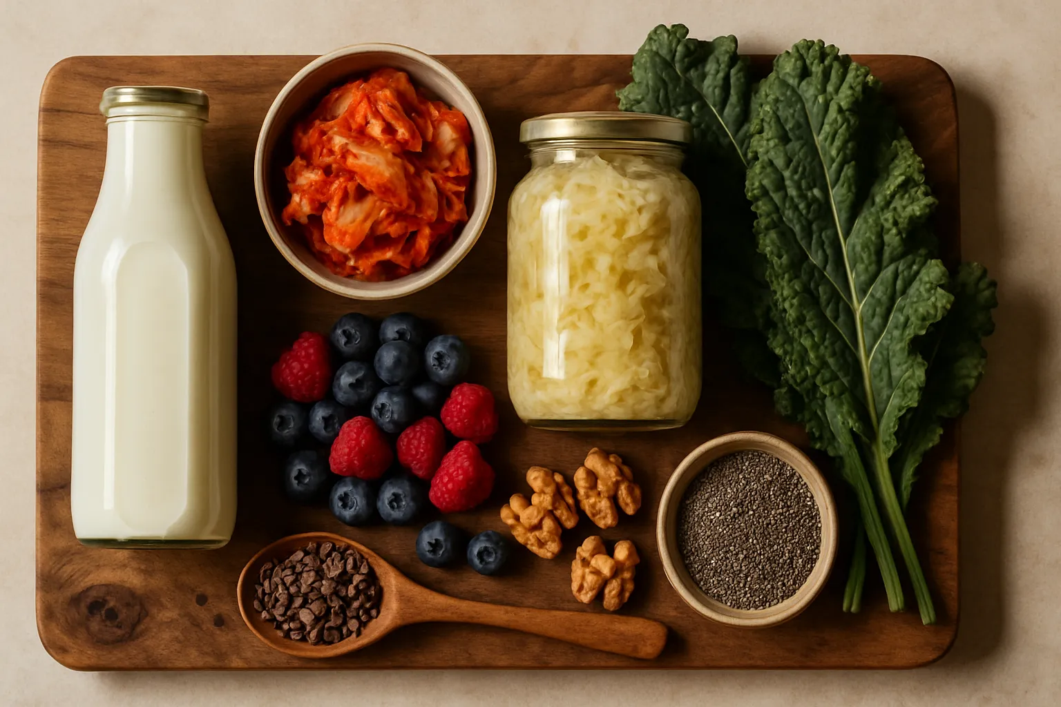 Arranjo flat lay orgânico de alimentos anti-craving incluindo kefir, kimchi, cacau cru, frutas vermelhas, nozes ricas em ômega-3 e vegetais ricos em fibras sobre tábua de madeira natural