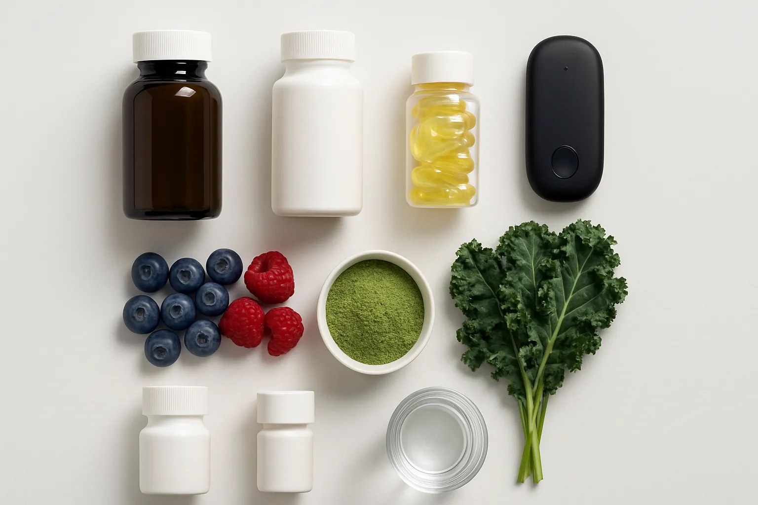 Composição flat lay organizada de ferramentas para modulação da chemerin: suplementos de ômega-3 e vitamina D sem rótulos, medidor metabólico, alimentos anti-inflamatórios como frutas vermelhas e chá verde em superfície médica branca