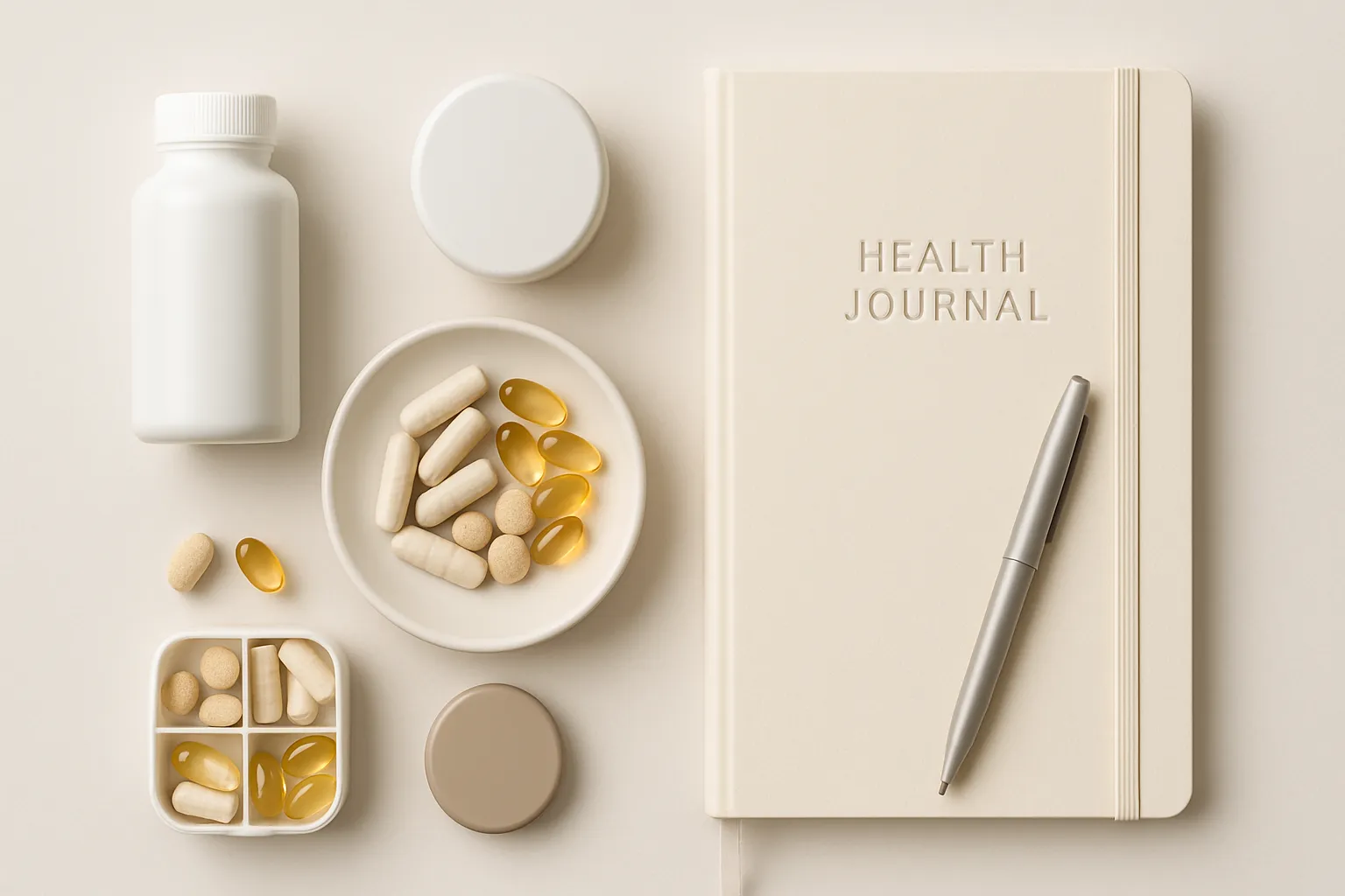 Suplementos para saúde intestinal e diário de bem-estar organizados sobre mesa limpa para controle da zonulina