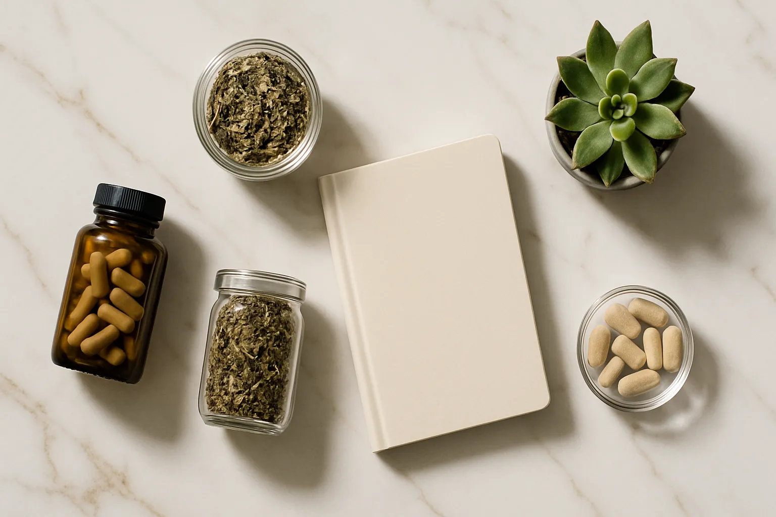 Ferramentas Essenciais para Equilíbrio Hormonal DHEA Composição flat lay premium editorial de ferramentas para otimização do equilíbrio hormonal incluindo cápsulas de DHEA sem rótulos, suplementos de suporte adrenal, journal de gerenciamento de estresse e planta suculenta arranjados artisticamente sobre superfície de mármore branco com veios dourados naturais