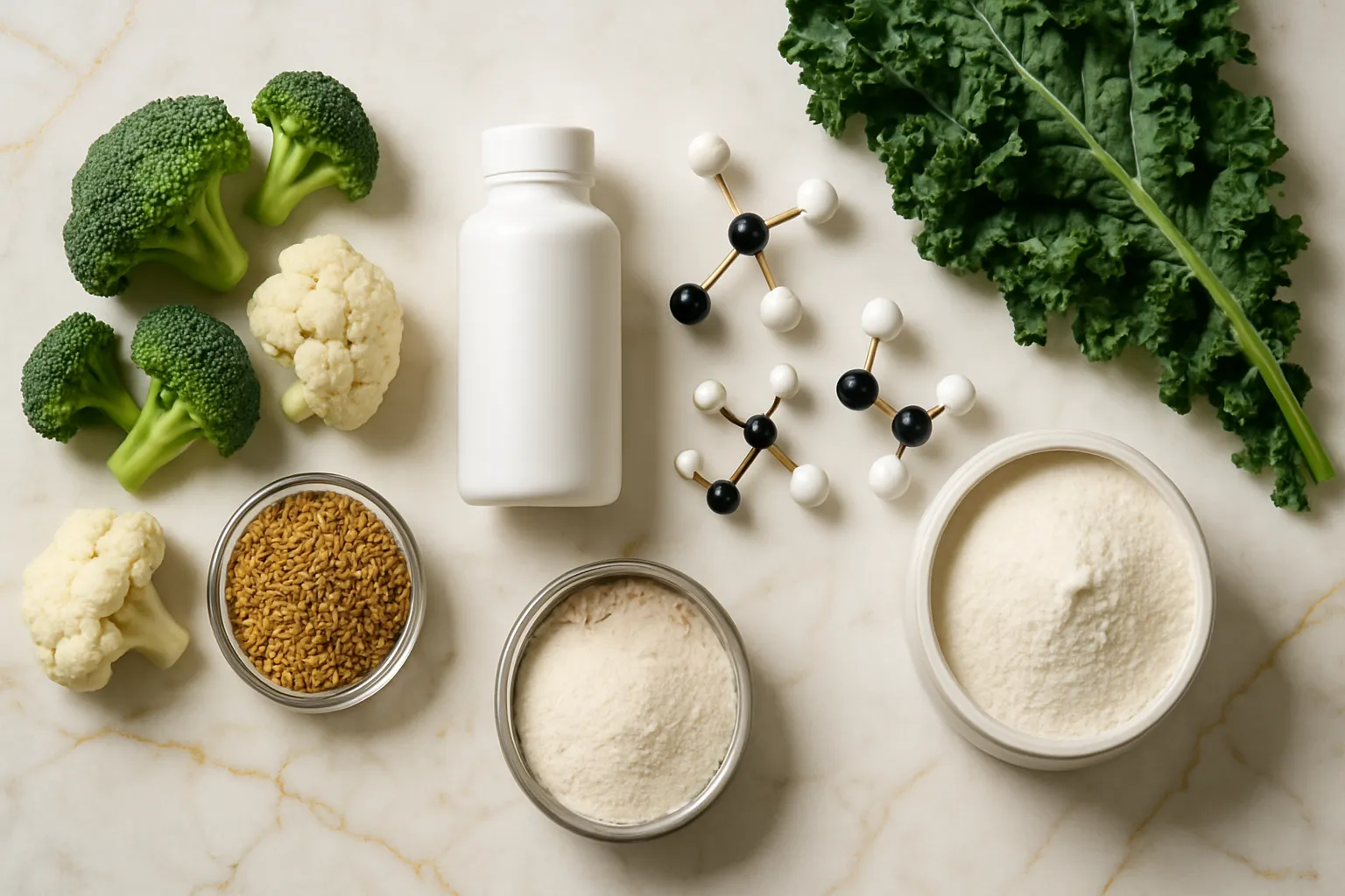 Composição flat lay premium de ferramentas para equilíbrio hormonal: vegetais crucíferos frescos (brócolis e couve-flor), suplemento de ômega-3 sem rótulo, sementes de linhaça douradas, folhas verdes escuras e modelos de estrutura molecular abstratos, artisticamente arranjados sobre mármore branco com veios dourados