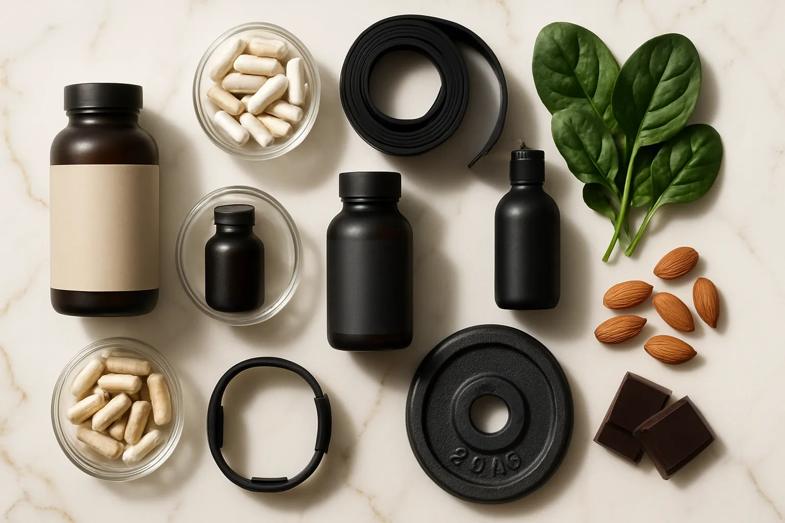 Arranjo flat lay premium de suplementos adaptogênicos sem rótulos, equipamentos de exercício e alimentos para otimização hormonal em superfície de mármore branco com veios dourados