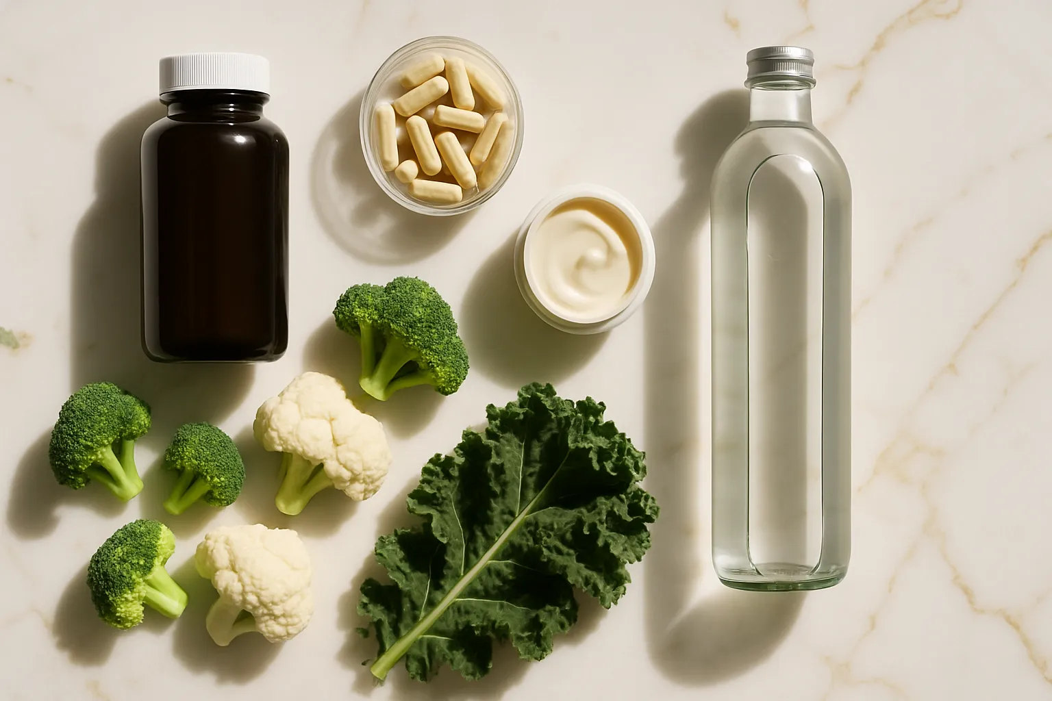 Ferramentas Essenciais para Equilíbrio Hormonal e Controle de Edema Composição flat lay premium com suplementos de magnésio e vitamina B6, vegetais crucíferos frescos como brócolis e couve-flor, folhas verdes e garrafa de água sobre mármore branco com veios dourados